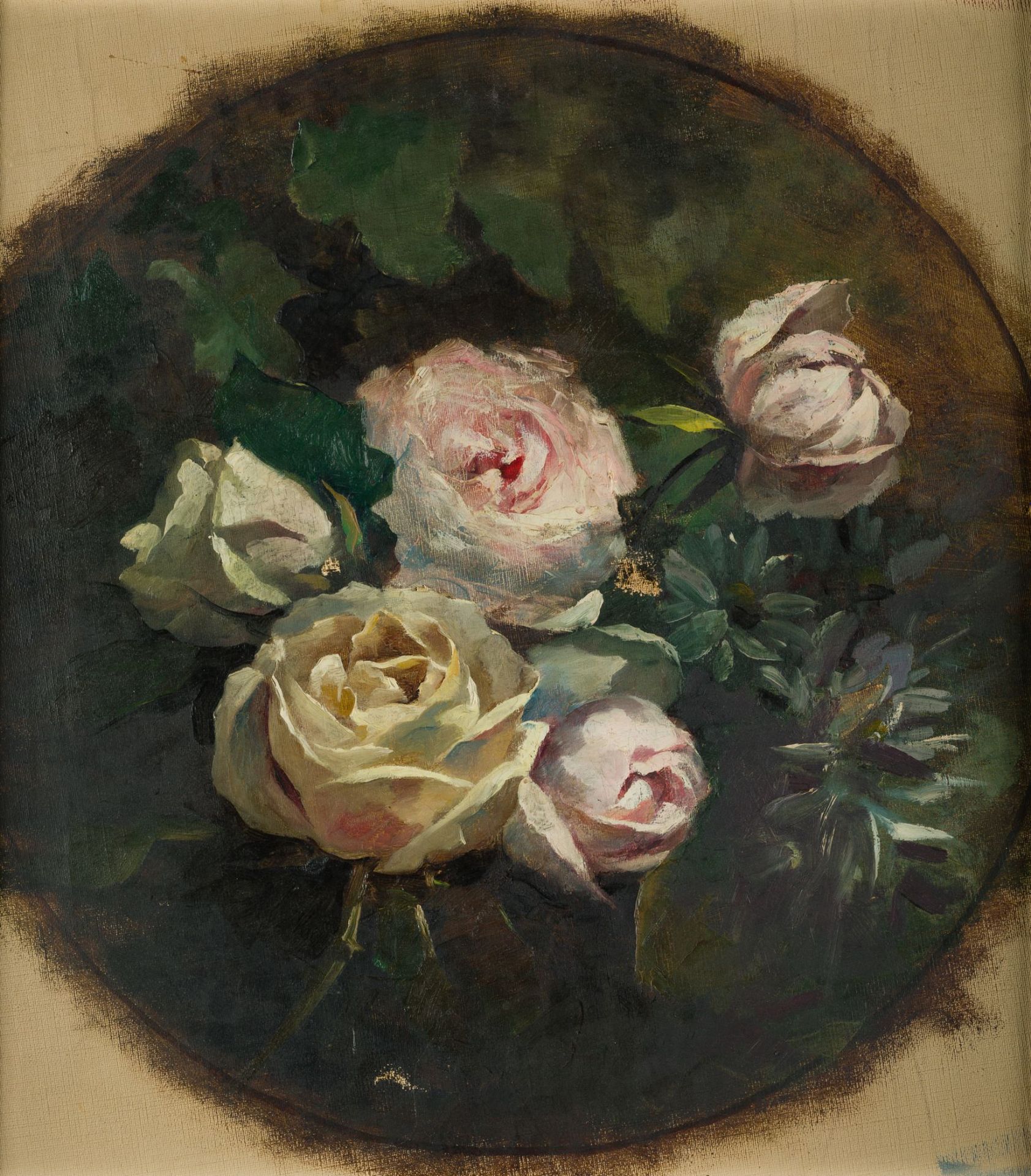 SPANISH SCHOOL (19th century) "Tondo with roses" Huile sur toile Dimensions : 41&hellip;