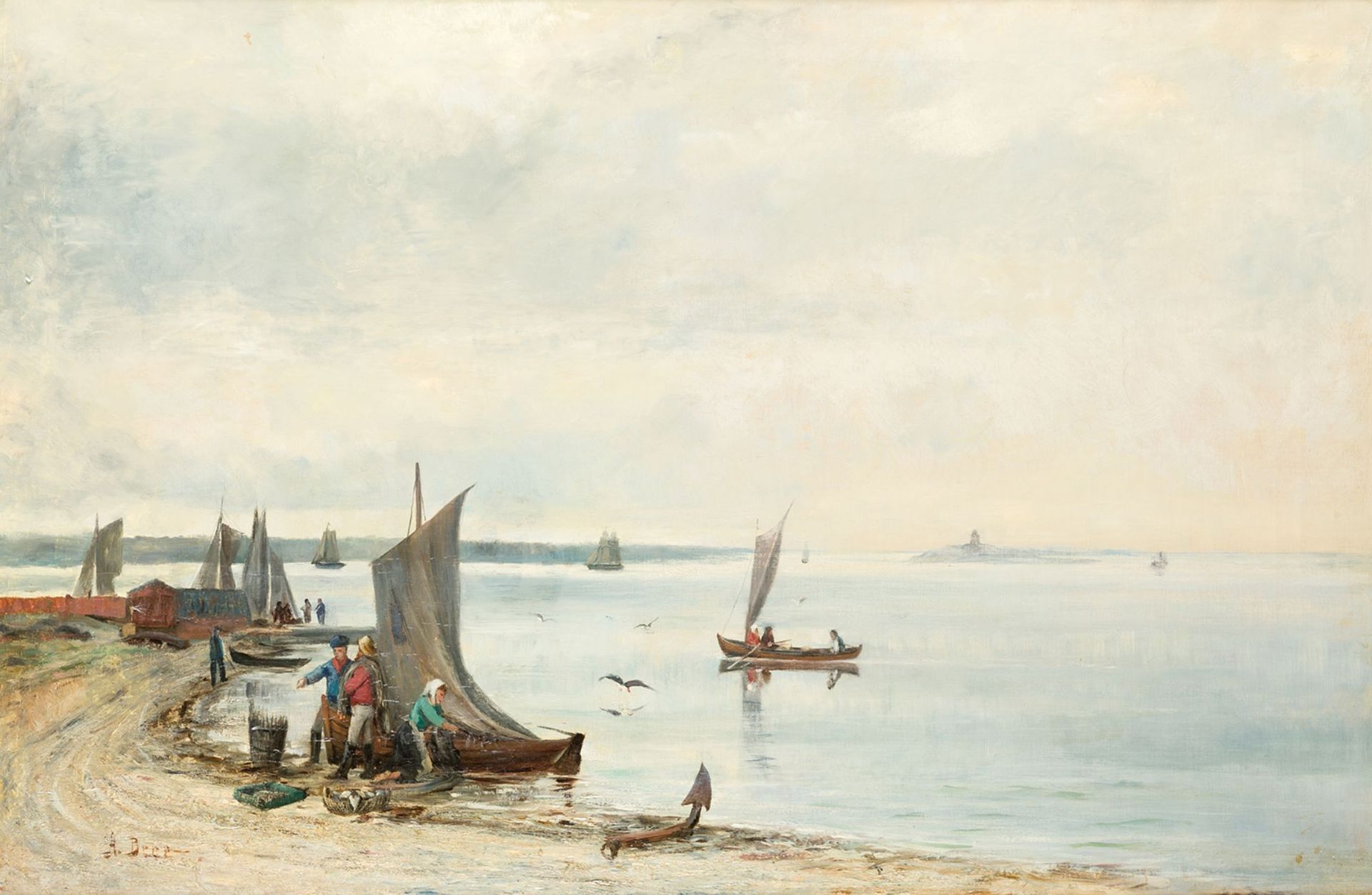 ADOLF BEER Sweden (1865) / (1912) "Coastal landscape with boats and fishermen" H&hellip;