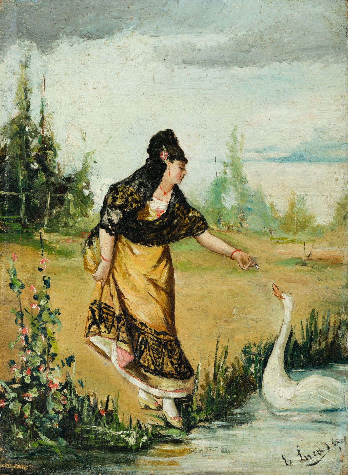 EUGENIO LUCAS VILLAMIL Madrid (1858) / (1918) "Elegant lady feeding a swan" Huil&hellip;