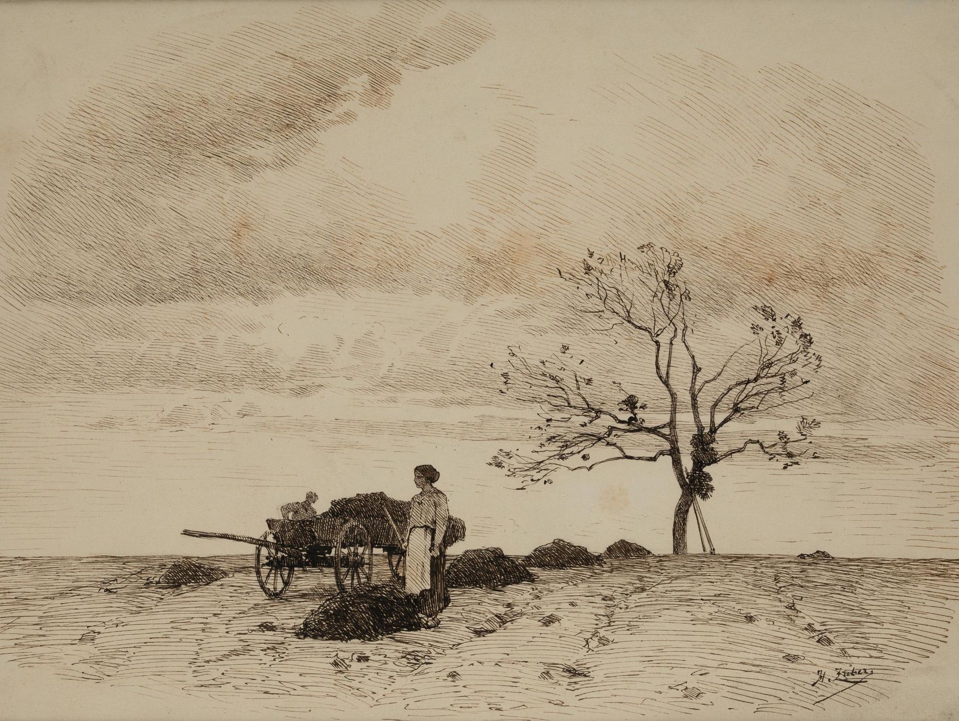 HENRI ZUBER Alsace (1844) / Paris, France (1909) "Peasants in landscape" Pen on &hellip;
