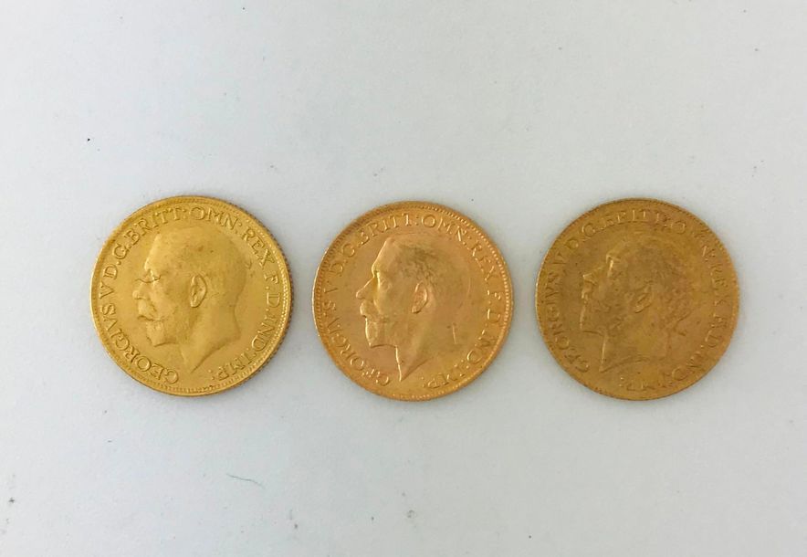 Null 3 gold sovereign coins Georges V 1912, 1915, Weight: 23,89g