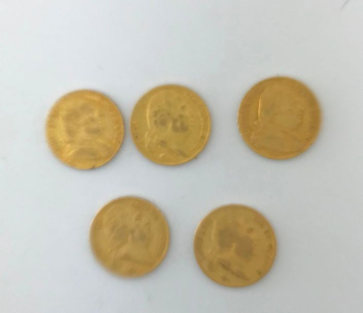 Null 5 pièces de 20F or Louis XVIII 1814, 1815, 1818, 1824, Poids: 31,94g