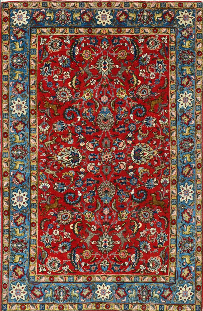 Null 古姆（伊朗）约1960年。

技术特点：羊羔毛绒，动物和花朵镶嵌在丝绸上，以棉花为基础。

密度约为每平方米7,000节。

红宝石场地上有丝质的棕榈&hellip;