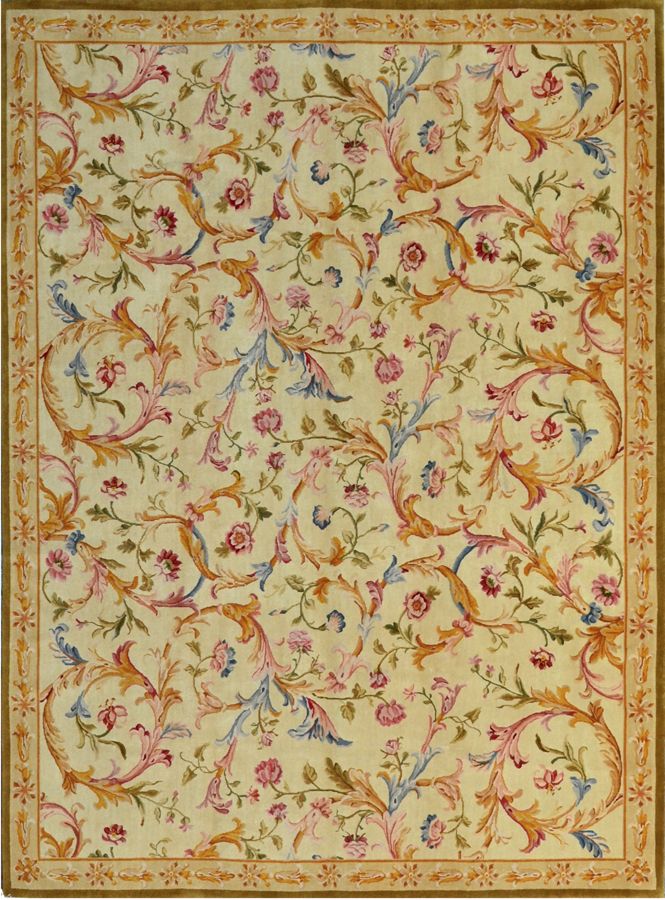 Null 20世纪萨翁内里风格的大地毯。

技术特点：萨翁内里风格的打结地毯，羊毛天鹅绒配以棉布底衬。

乳白色的场地上有花环和刺桐叶的卷轴，用粉色调的花蕾装饰&hellip;