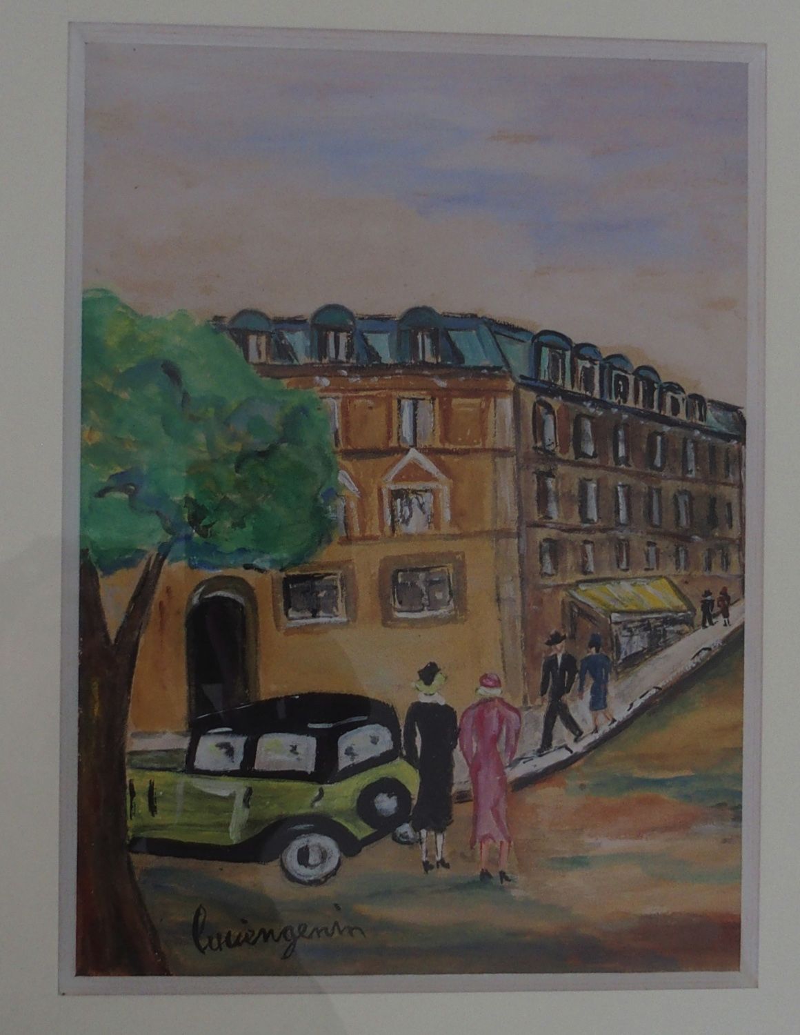 Null 现代学校：建筑物前的马车和优雅的人。

水粉画，左下角有一个神秘的签名。

23 x 17 cm at sight