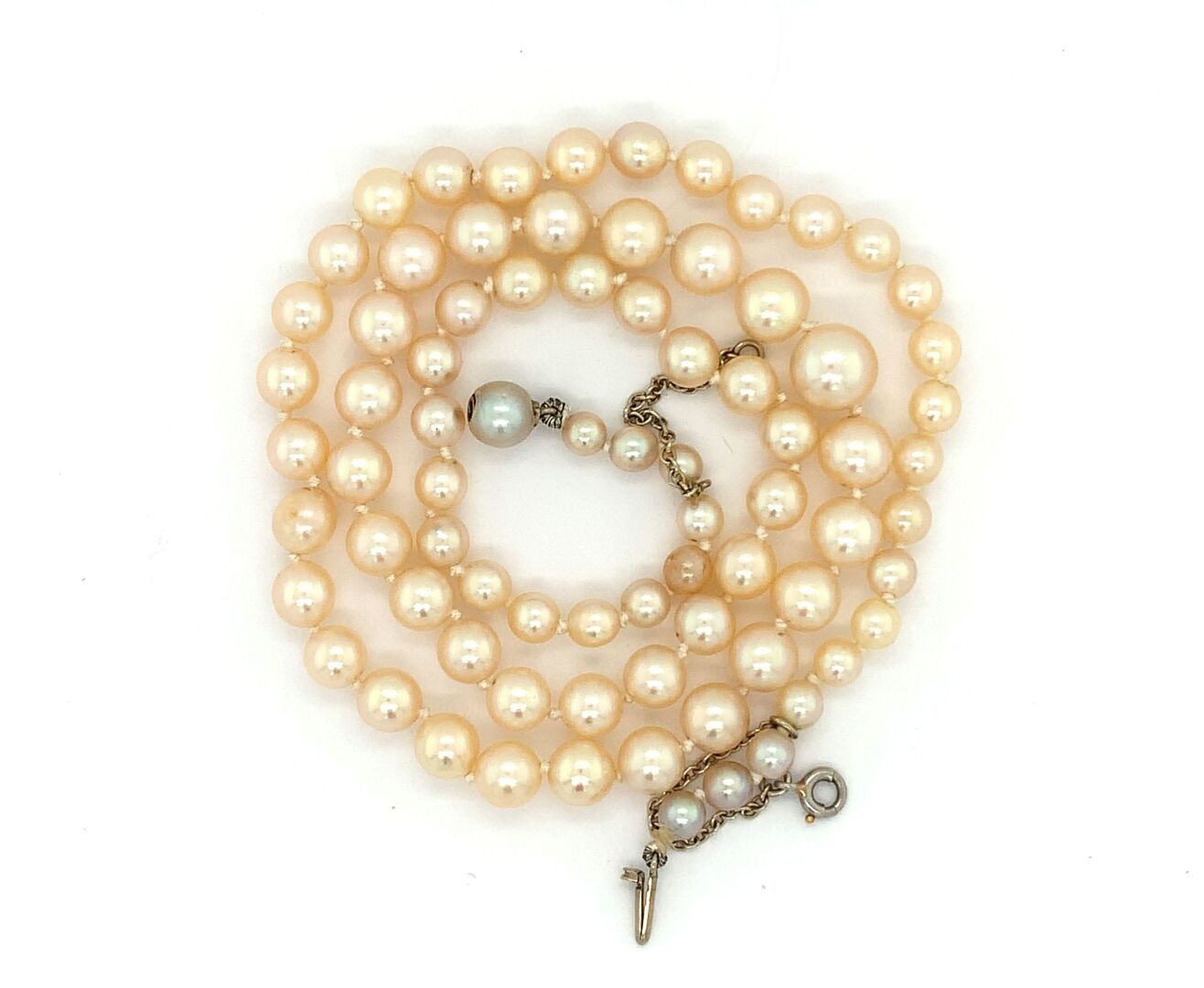 COLLIER DE PERLES à un rang 珍珠项链，一排珍珠。带安全链的棘轮扣。
长度：48厘米