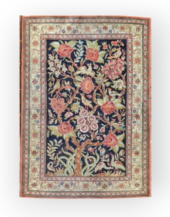 TAPIS - Fin et original Ghoum en soie, Iran 精美的原创丝绸Ghoum，伊朗 
丝绸基础上的丝绒。 
午夜蓝色的场地上&hellip;
