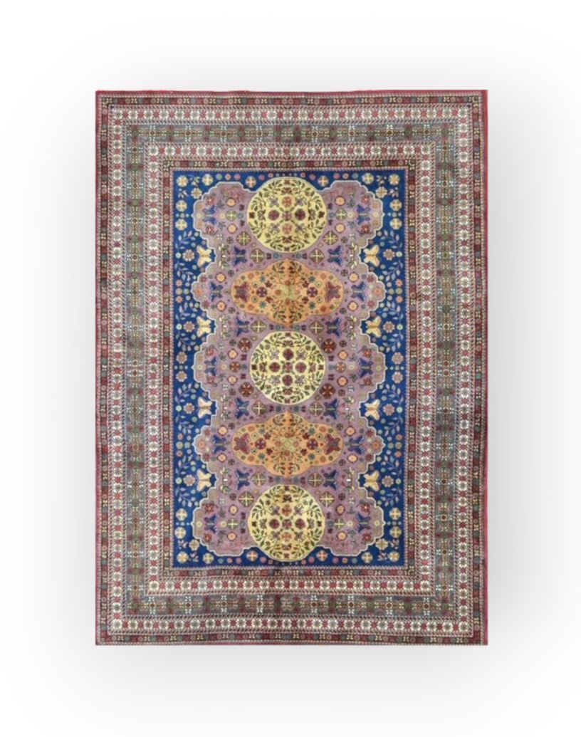 TAPIS - Original et fin Penjab, Inde 印度旁遮普省的原创和精品
棉质基础上的丝质羊毛绒。 
深蓝色的场地上有非常原始的丁香色&hellip;