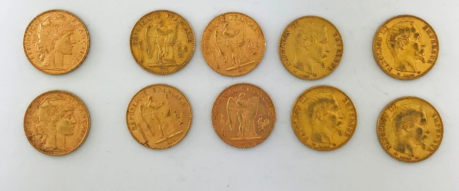 Null Lot de 10 pièces de 20F OR (4x1859, 2x1898, 1876, 1878, 1906, 1908), Poids:&hellip;