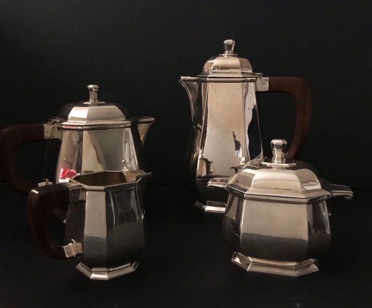 Null Service à thé café de 4 pièces en argent 950 °/°° modèle Art Déco à pans co&hellip;