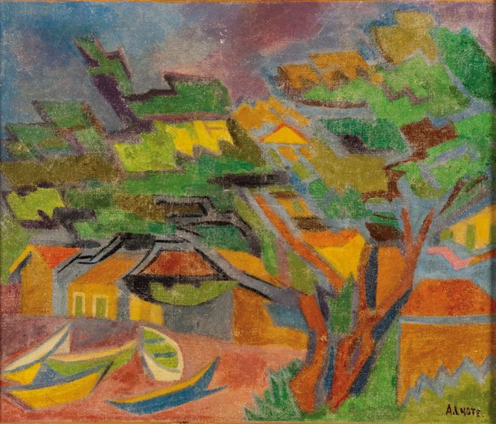 André LHOTE (1885-1962) "Barques à Pirallian" Huile sur toile 46 x 55 cm, signée&hellip;