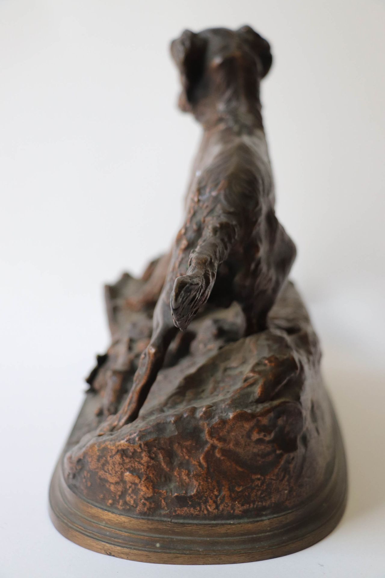 Null 皮埃尔-朱尔（MENE）（1810/1879）。带有棕色铜锈的青铜主题，代表一只猎犬。签名。高度：21厘米。高度：21厘米。长度：31厘米。深度：14&hellip;