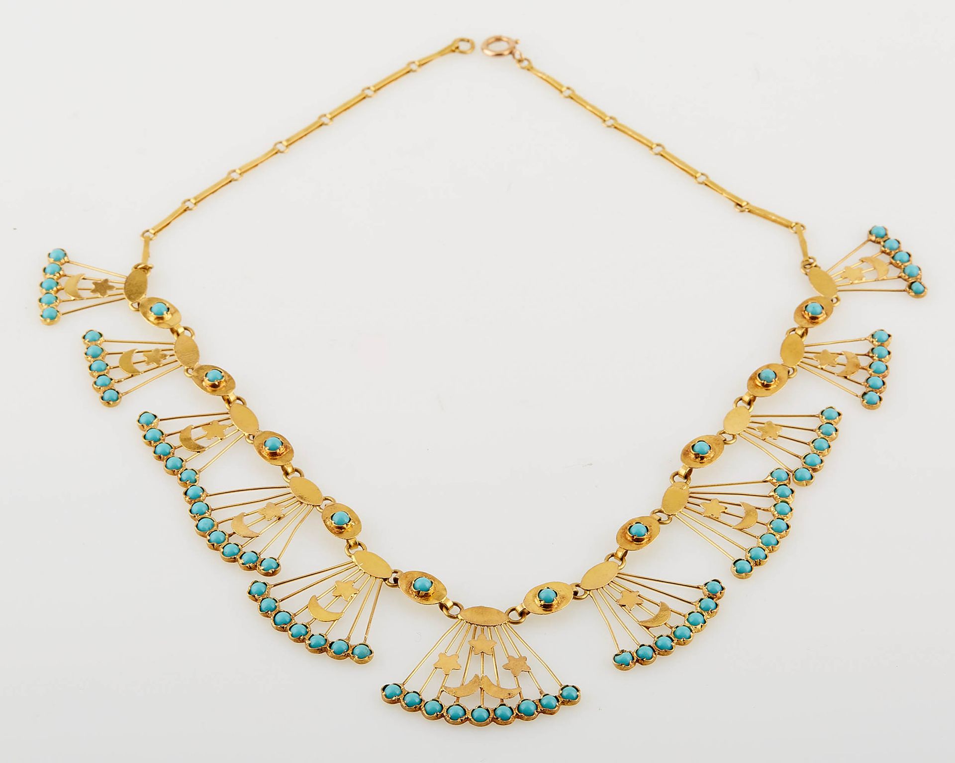 Null Yellow gold and turquoise half pearl drapery necklace with crescent and sta&hellip;