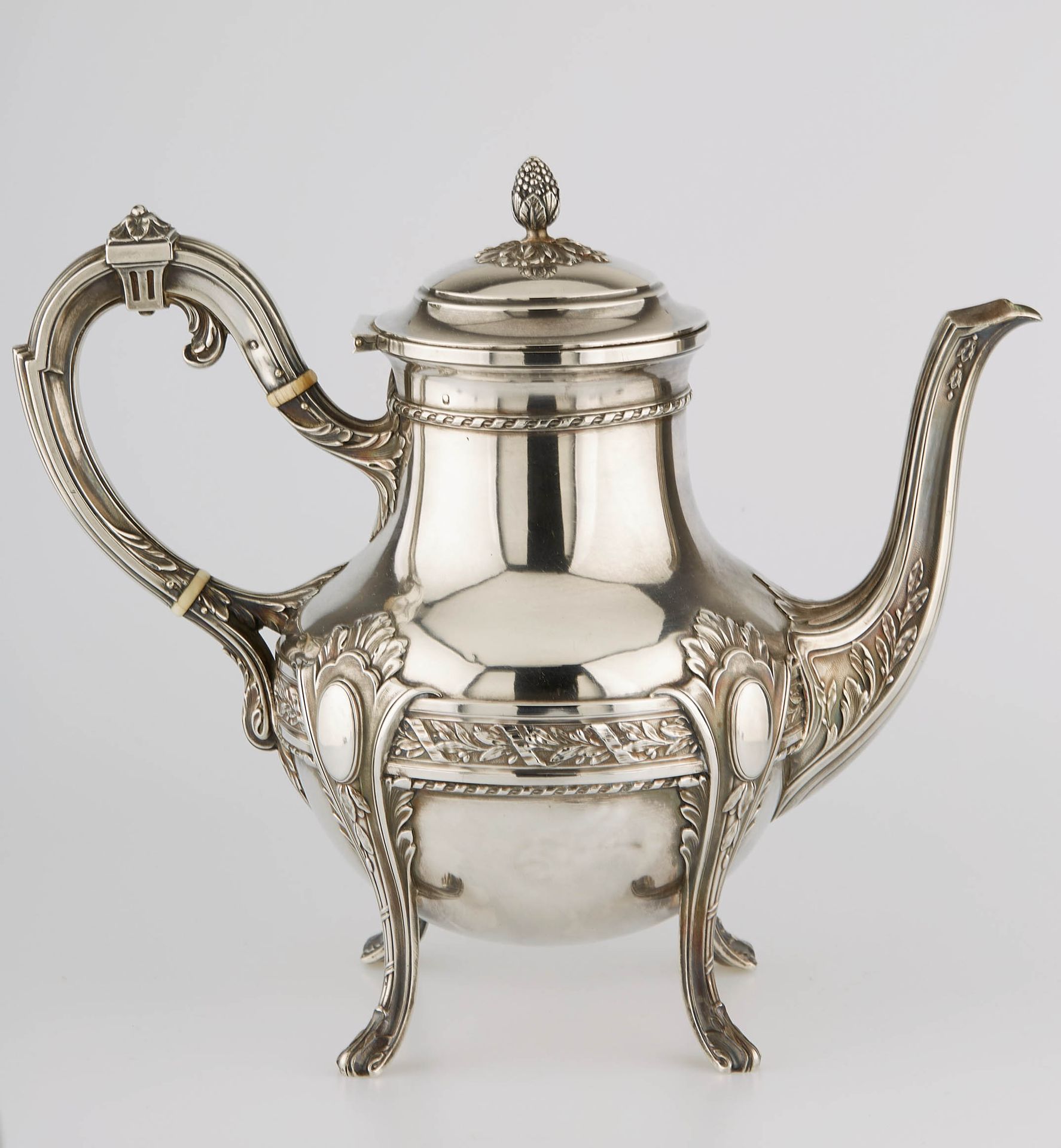 Null Silver coffee pot resting on four leafy feet with reserve attachments and w&hellip;