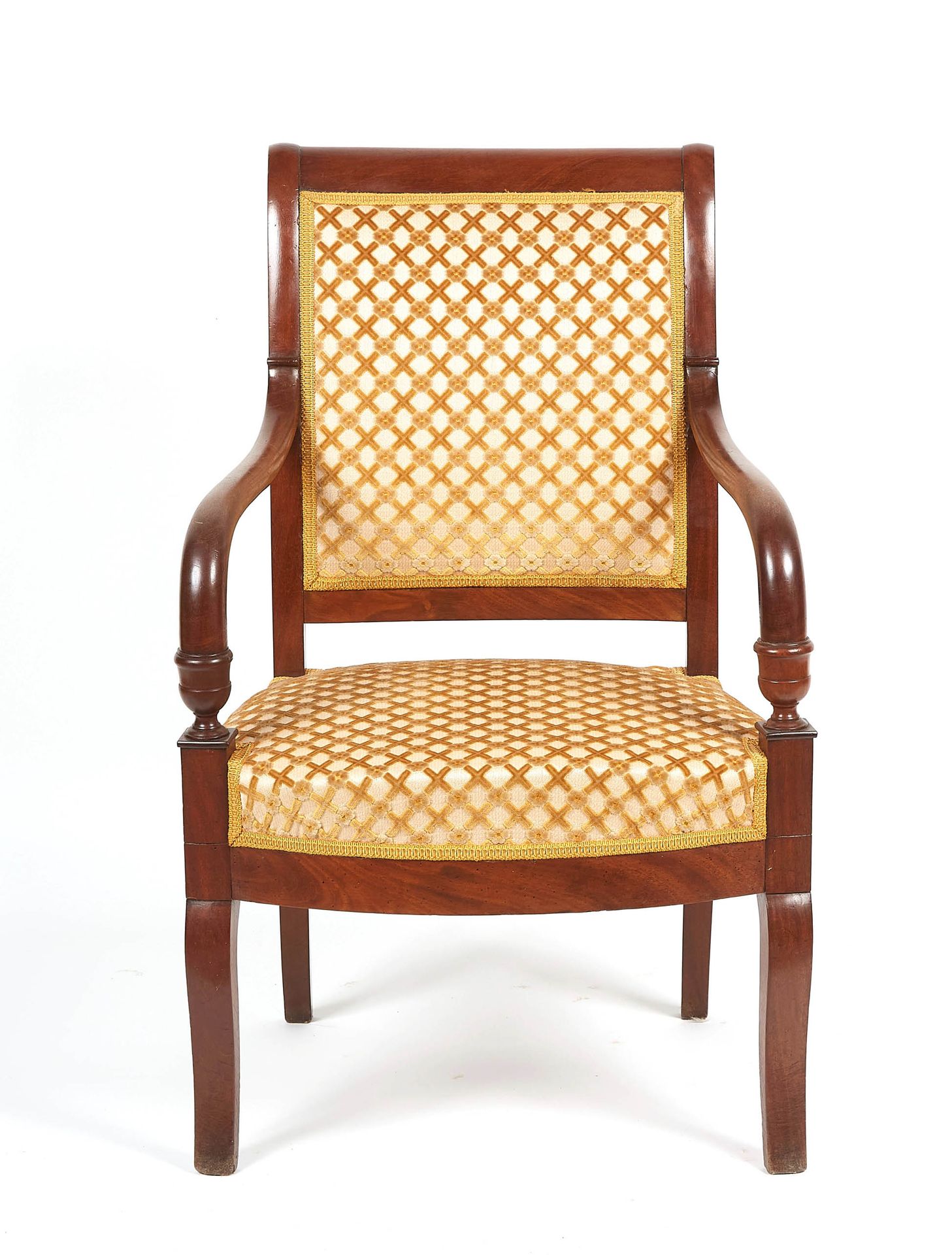 Null 桃花心木扶手椅，有一个瓮形扶手和剑腿。19世纪。高度：89厘米。高度：89厘米。长度：58厘米。深度：48厘米。