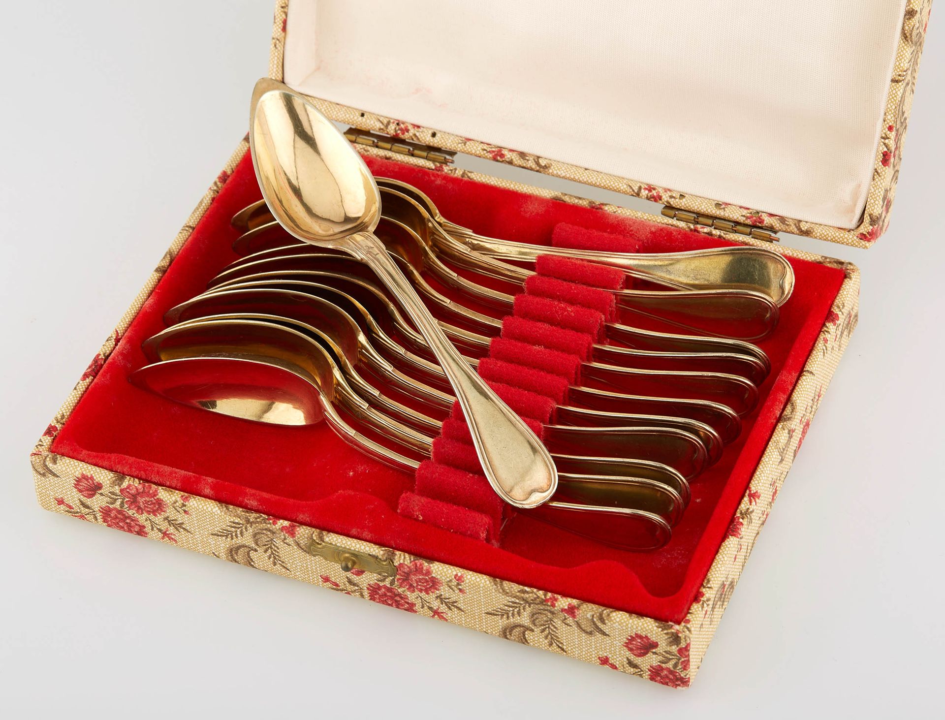Null 一套12个小勺子，镀金，锉刀模型。巴黎1819/38。M.O. : Jean-François OURY。长度：14,2厘米。重量：280克。