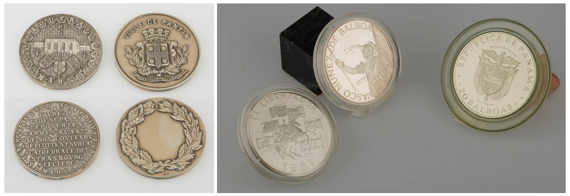 Null 五枚银质奖章，其中三枚来自巴拿马共和国。直径：6厘米。一枚 "KOUFRA "纪念章。直径：4.7厘米。还有一枚潘丁市的奖章。直径：4.8厘米。重量（&hellip;