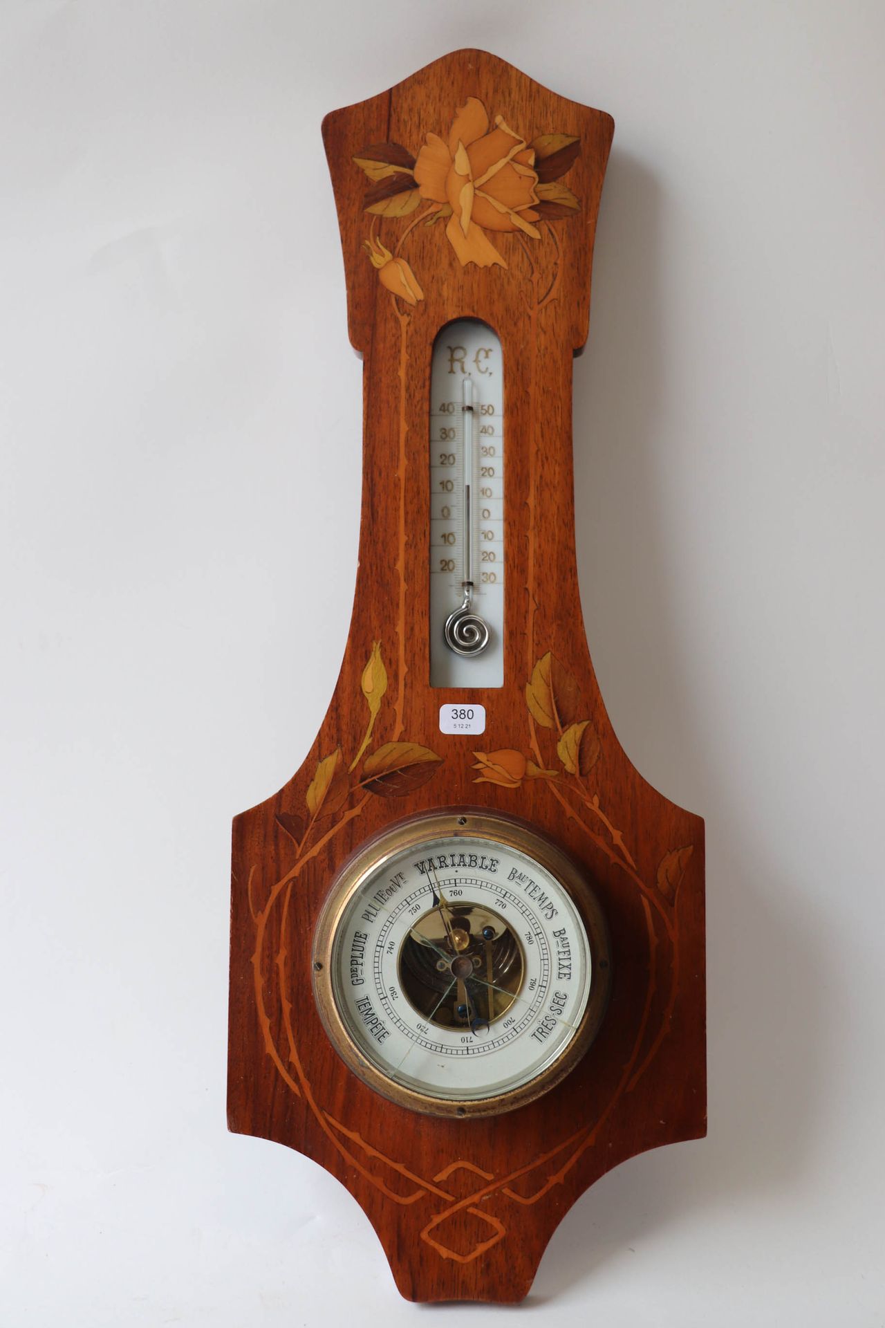 Null MAJORELLE. Wooden barometer-thermometer with inlaid decoration of roses, ro&hellip;