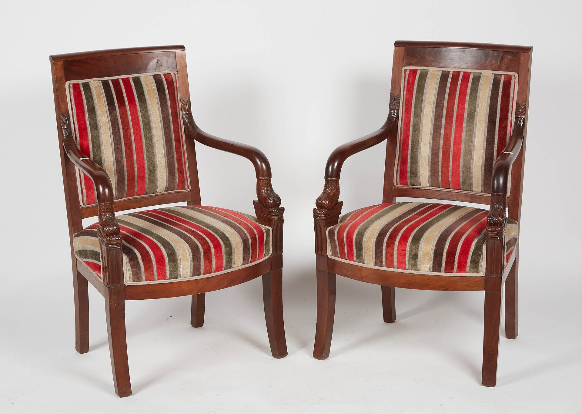 Null Five mahogany armchairs with dolphin-headed armrests and palm leaves on the&hellip;