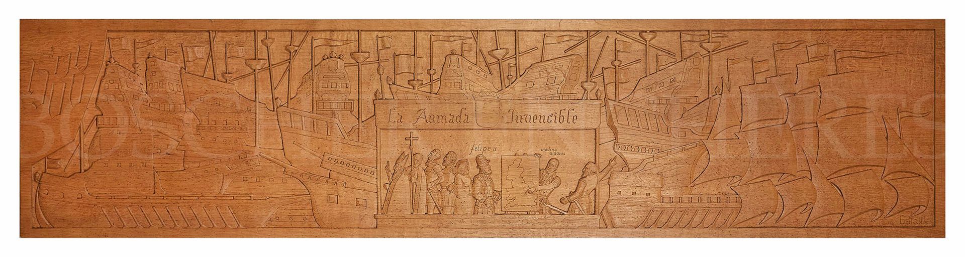 Null BATAILLE Pierre（1935/2018）。"舰队"。一块橡木雕花板，有签名和日期，1988年。高度：59厘米。高度：59厘米。长度：250&hellip;