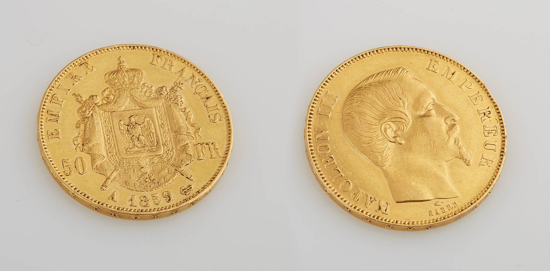 Null 1859年拿破仑三世非拉里昂50法郎金币。直径：3厘米。重量：16.13克。