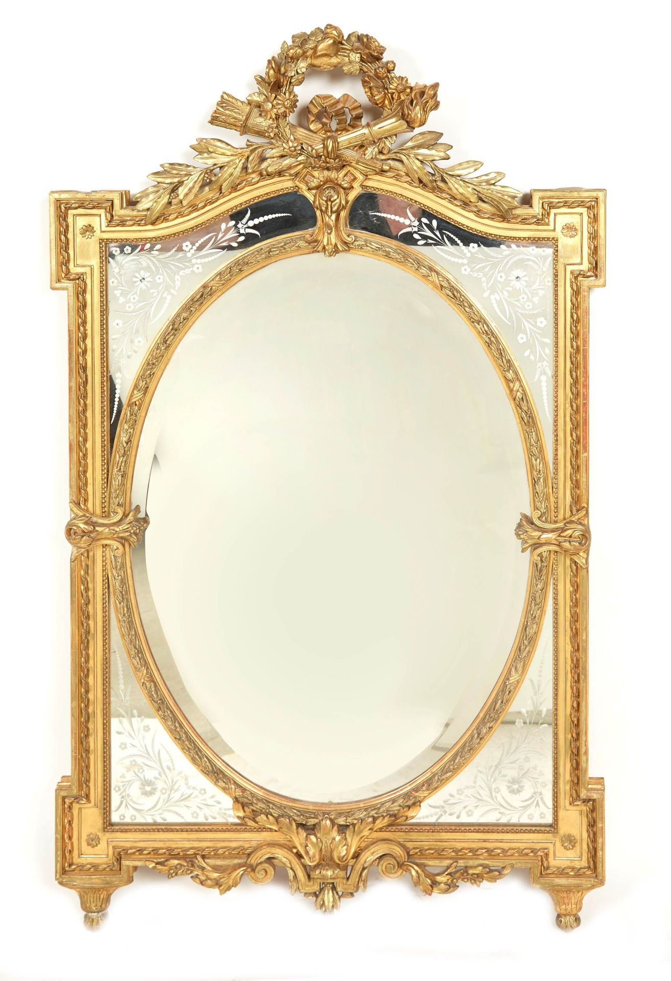 Null Wood and gilded stucco mirror of rectangular shape with molded spandrels, p&hellip;