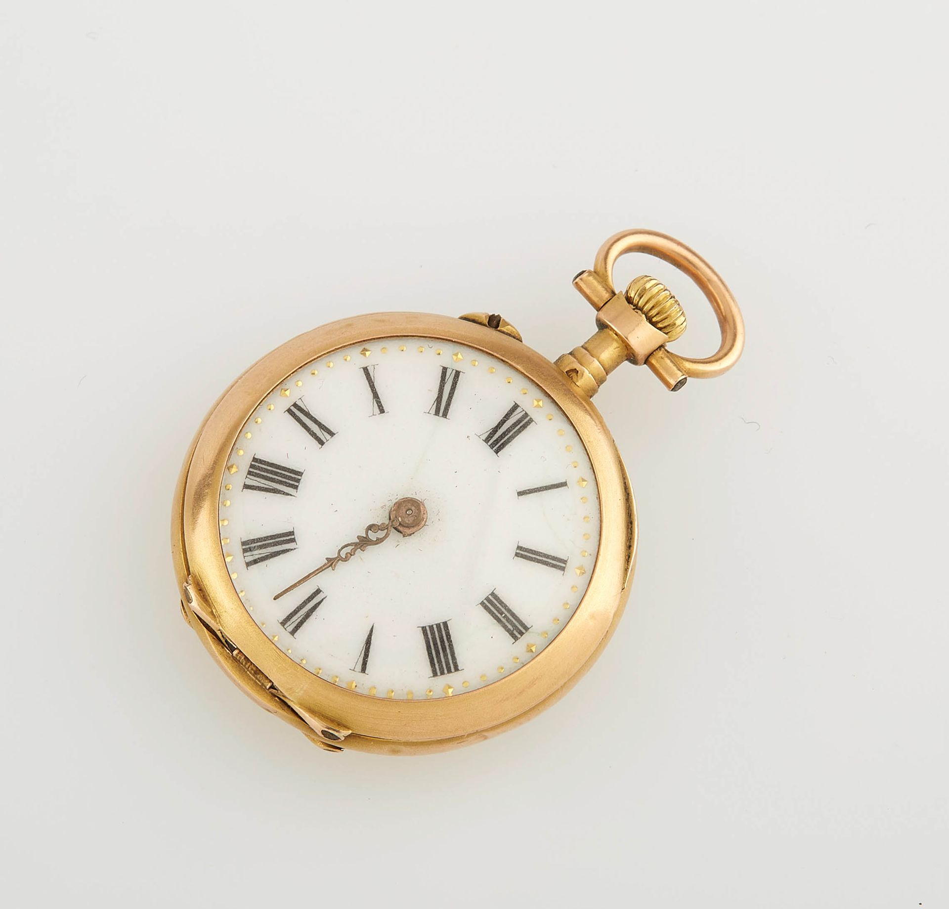 Null 黄金chatelaine手表，背脊的花环上有一个钻石碎片。直径：2.7厘米。重量（毛重）：15.75克。缺少一根针。