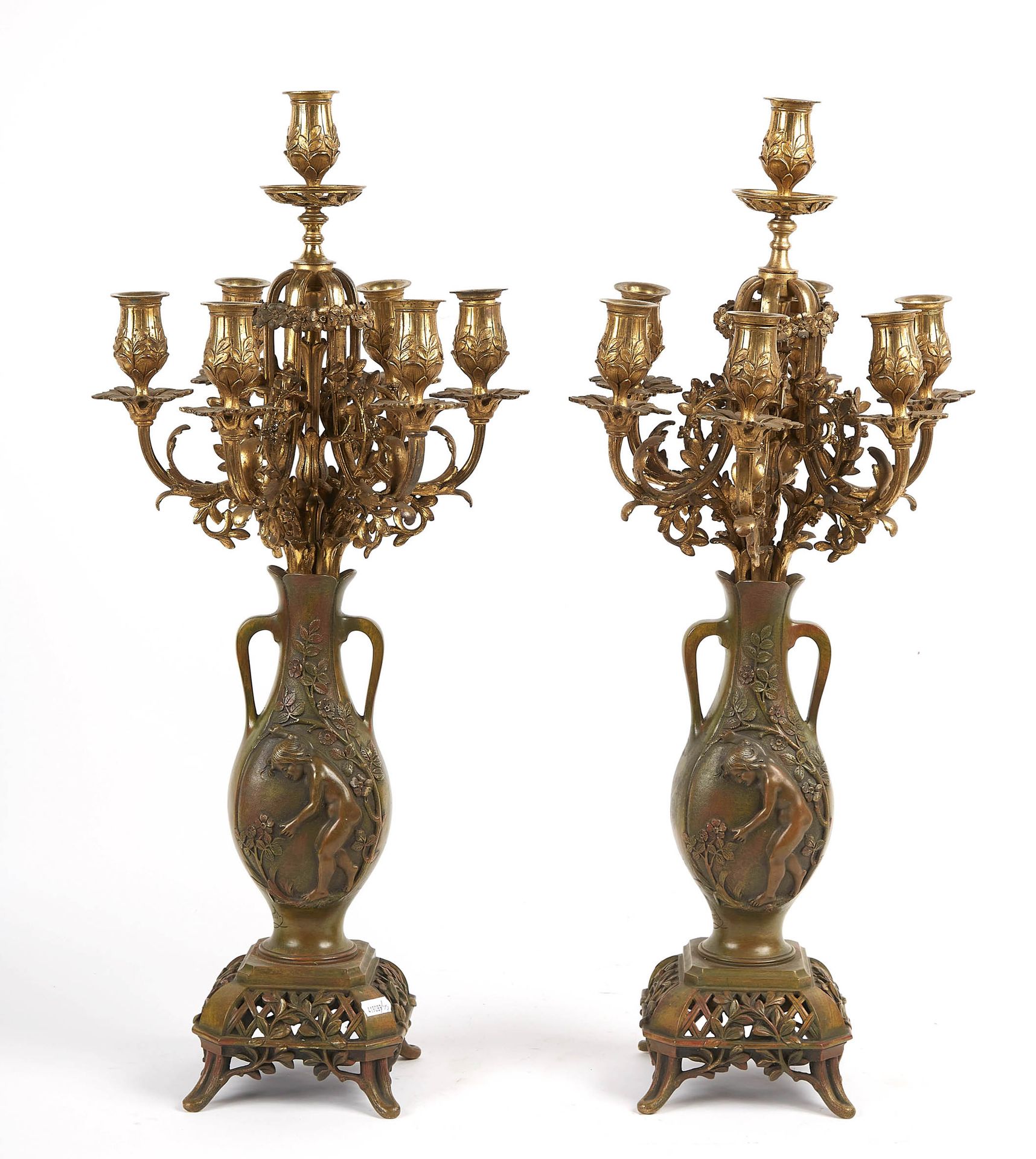 Null PROVOST E. Grande coppia di candelabri a sette braccia in bronzo dorato e c&hellip;