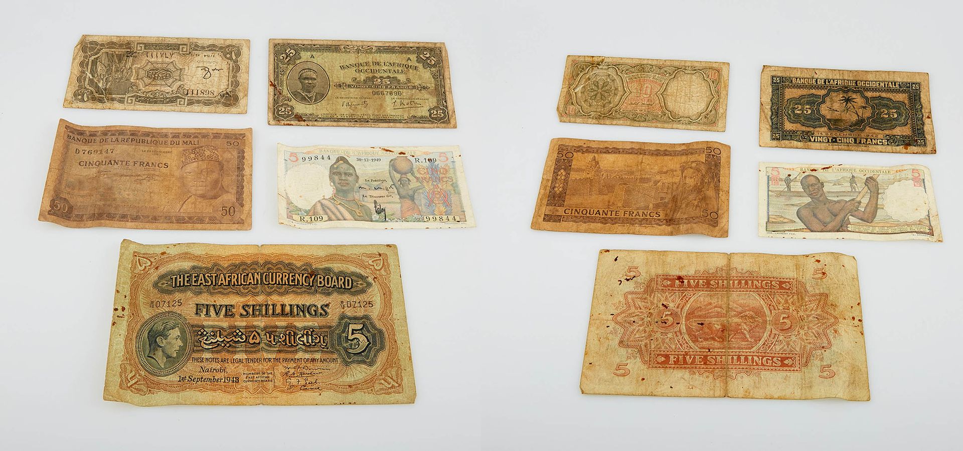 Null Lot von französischen und ausländischen Banknoten (sehr abgenutzt). Experte&hellip;