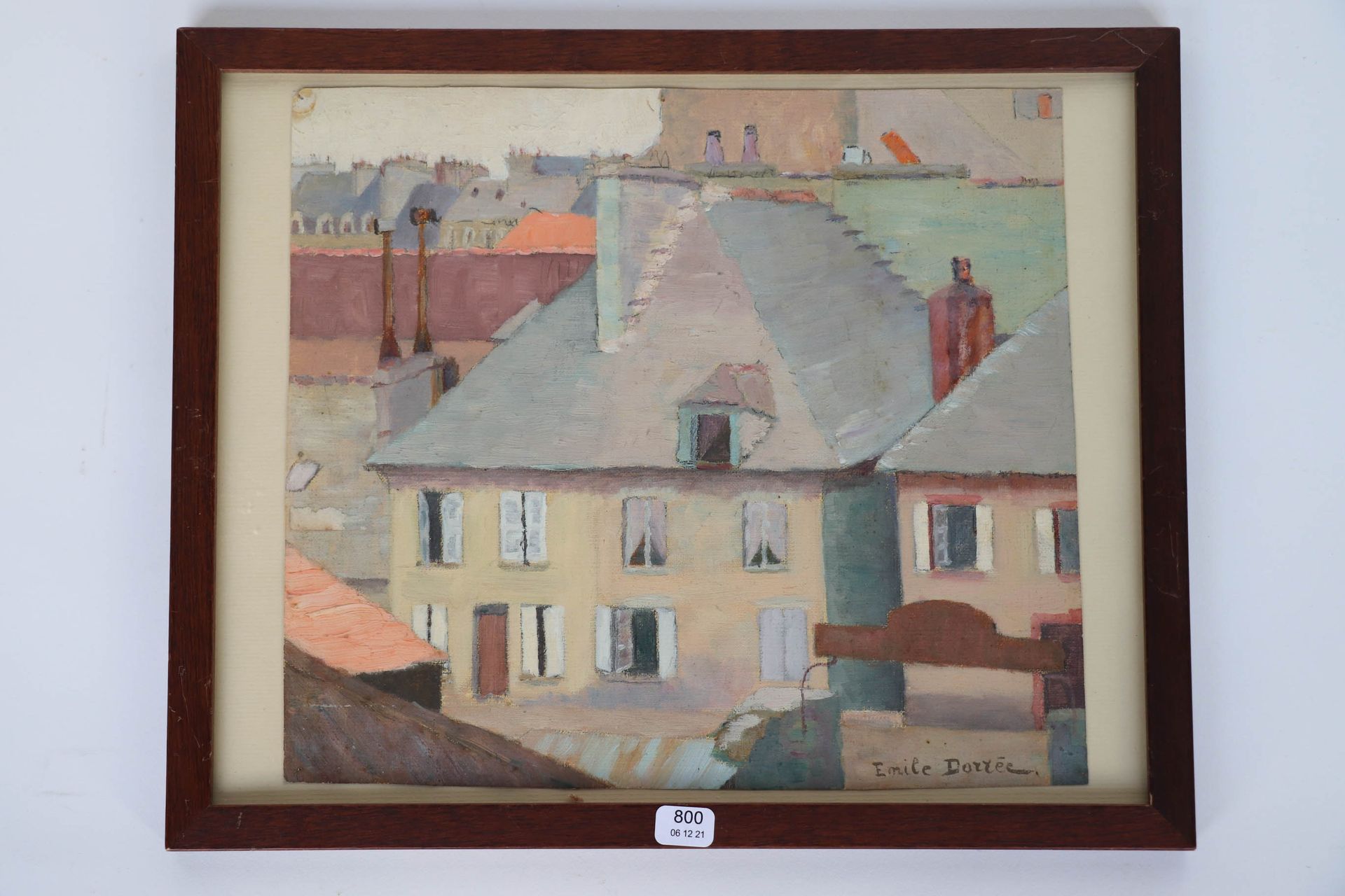 Null DORREE Emile (1883/1959). "Maisons et toits". Huile sur papier signée en ba&hellip;