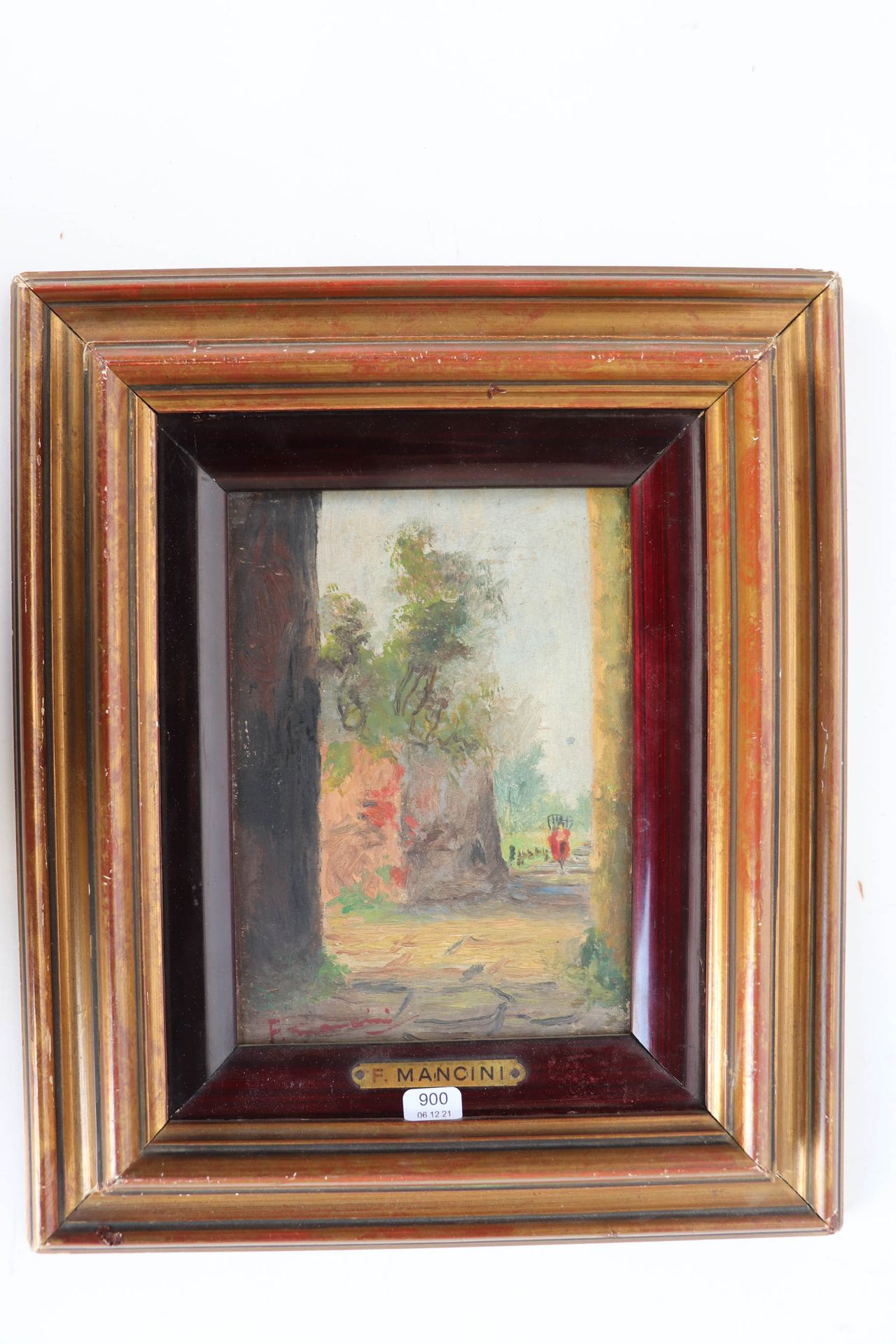 Null 曼奇尼-弗朗西斯科（1830/1905）。"村口的人物"。板上油彩。18 x 13.
