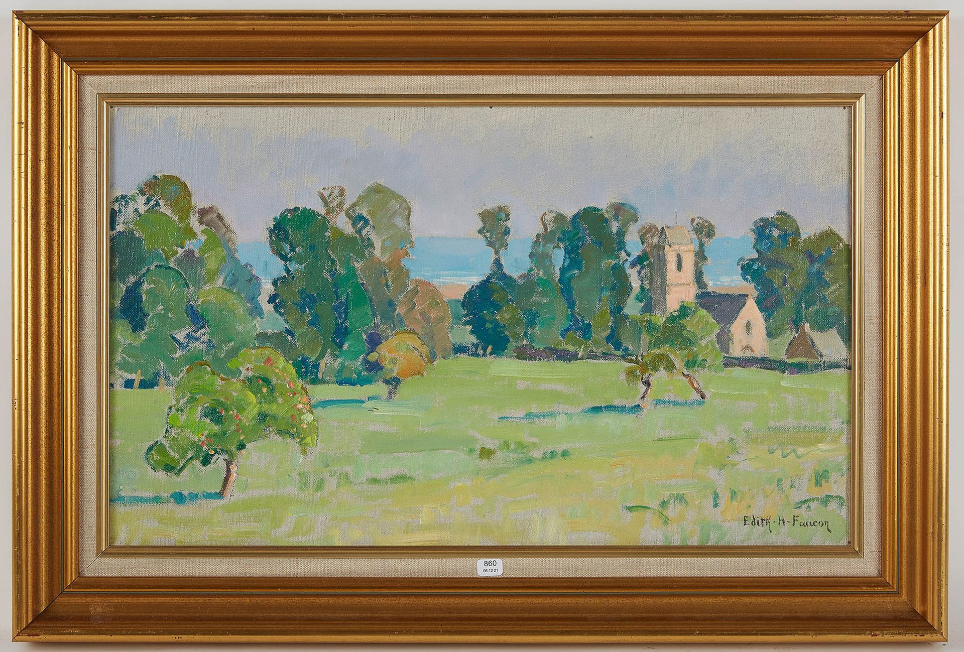 Null 福康-伊迪丝（生于1919年）。"莫萨林斯的教堂"。布面油画，右下角有签名。33 x 55.