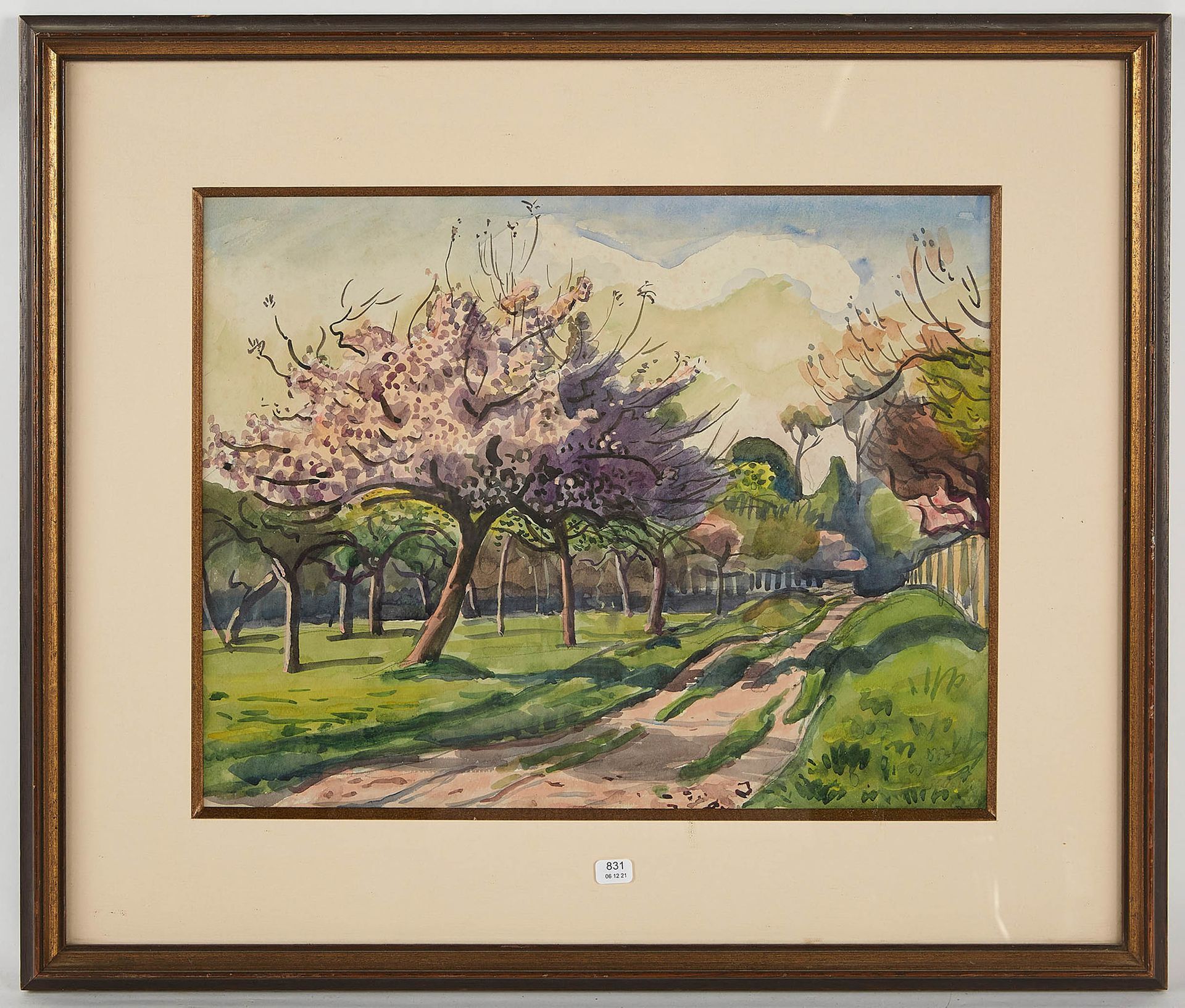 Null DE SAINT DELIS René（1873/1958）。"果园"。水彩画，右下方有签名。30,5 x 39.
