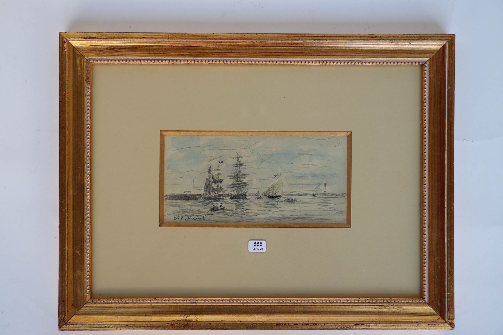 Null MURNOT Félix (20)."港口的帆船"。左下角有签名的水彩画，9 x 19。