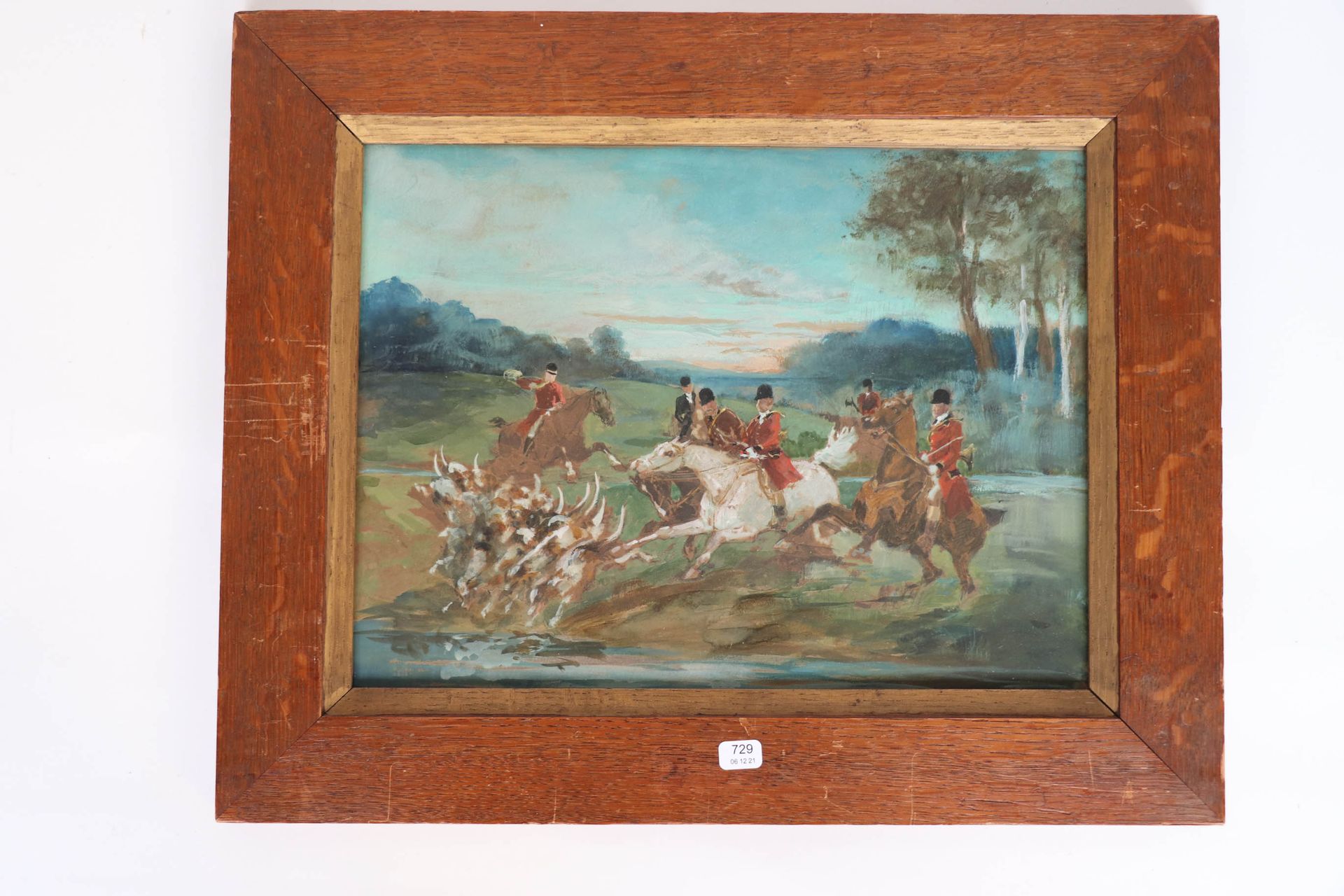 Null FOURNIER-SARLOVEZE Raymond (1836-1916)归功于。"狩猎的场景"。纸板上的油画，背面有签名。