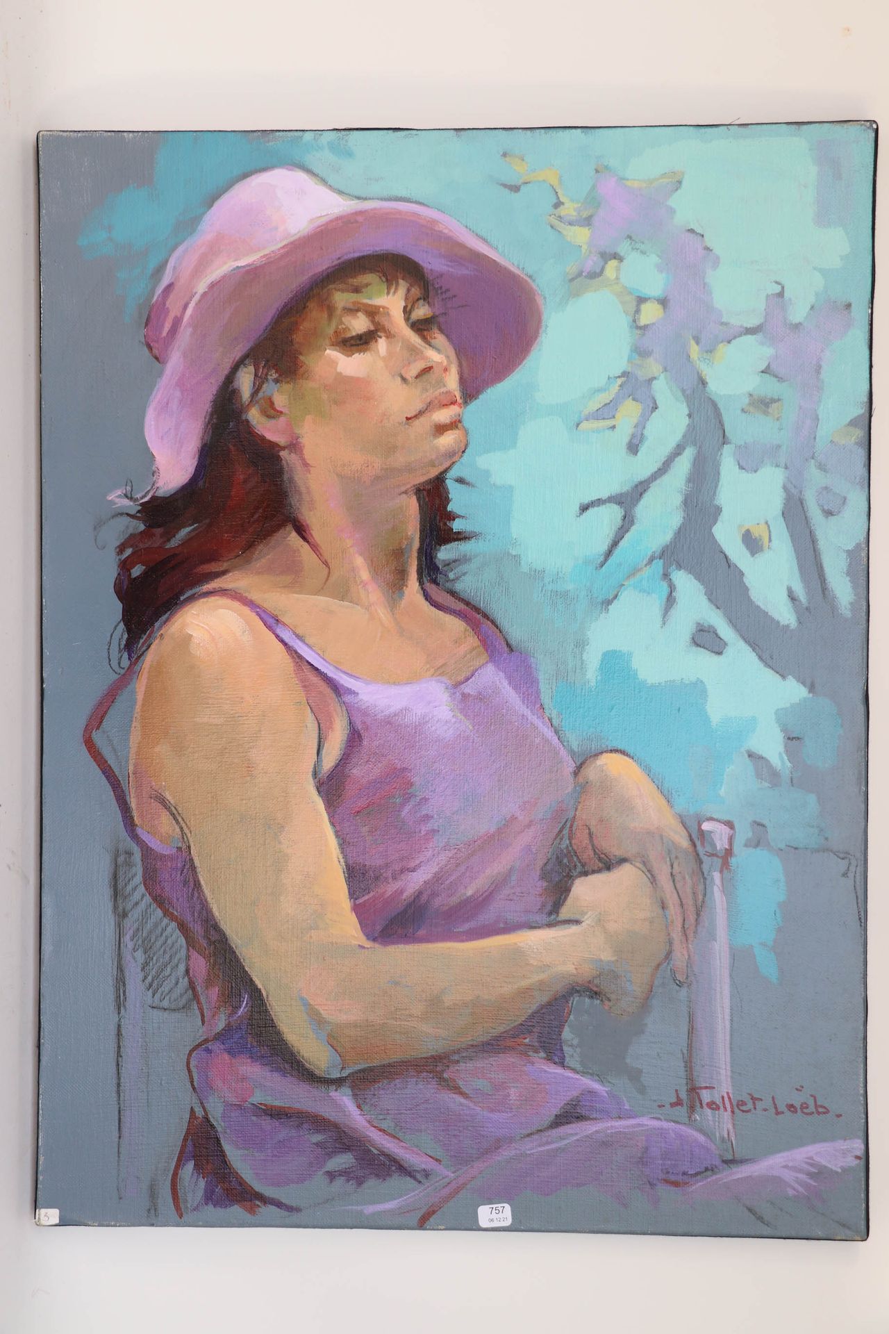 Null TOLLET-LOEB 杰奎琳（1931/2021）。"淡紫色的帽子"。布面油画，右下角有签名。61 x 46。