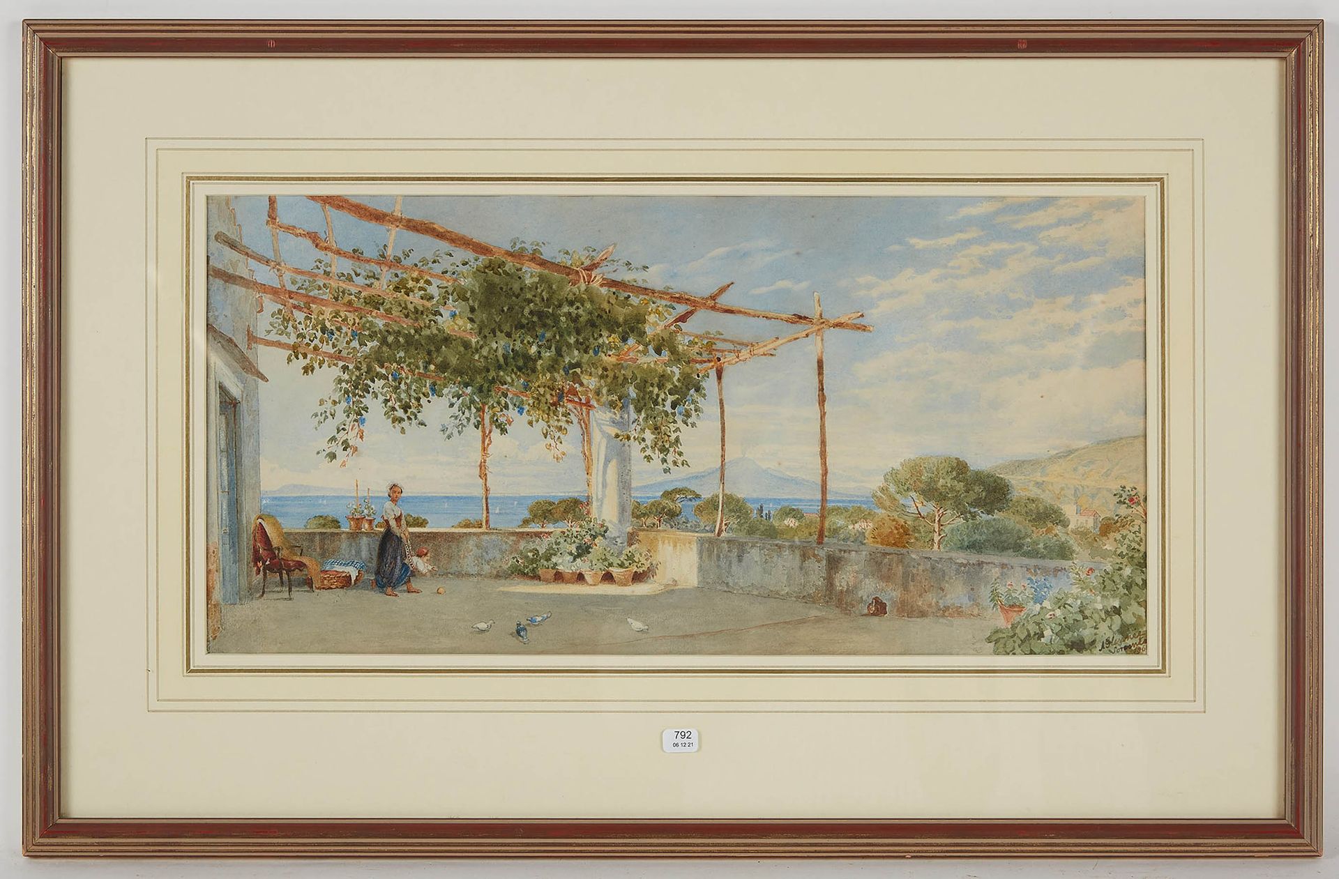 Null 格伦尼-阿瑟（1803/1890）。"阳光明媚的阳台上的母子"。水彩画右下角有签名，位于Serrento 1866年，有日期。
