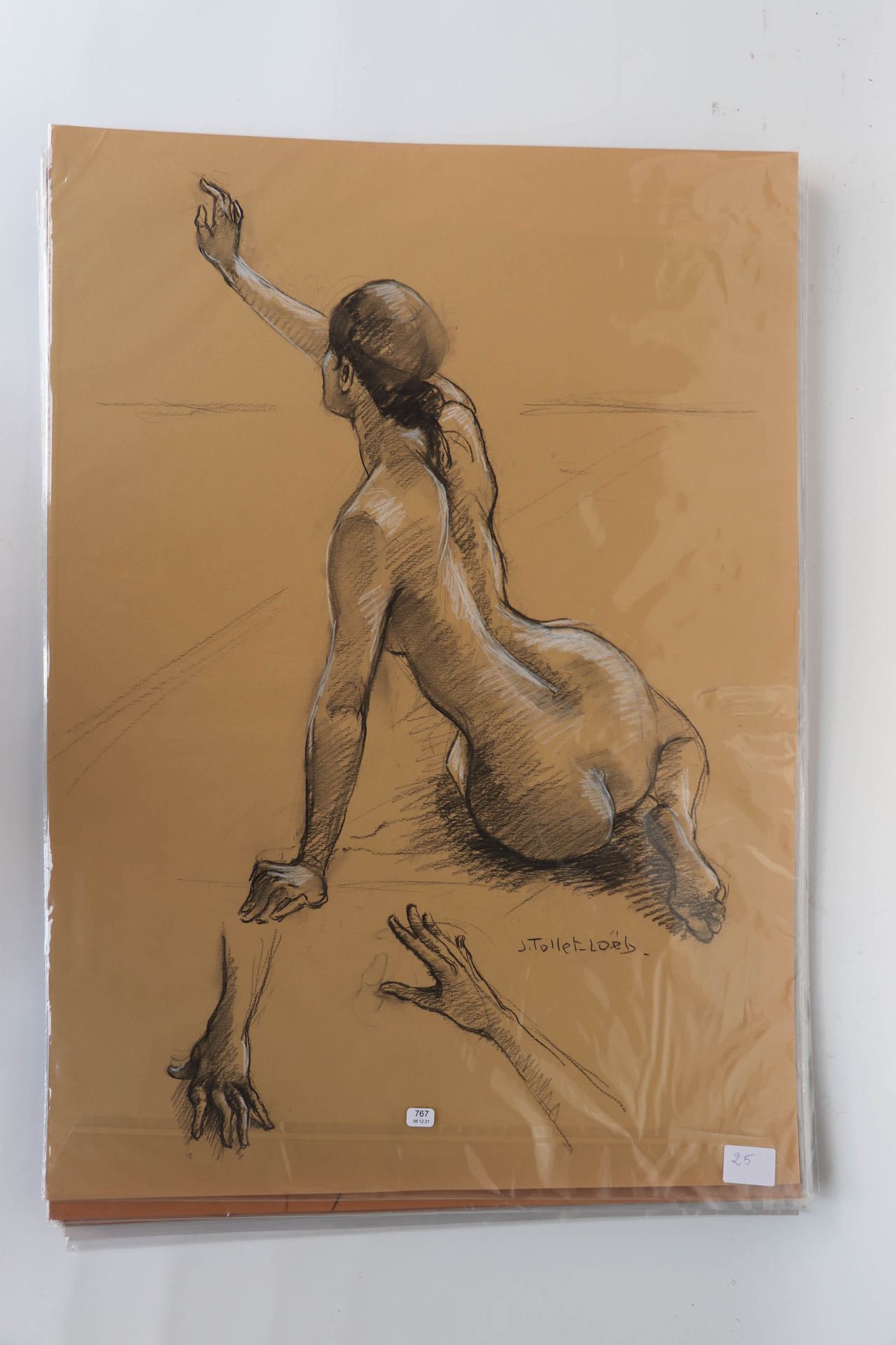 Null TOLLET-LOEB 杰奎琳（1931/2021）。"裸背和手的研究"。炭笔与白粉笔。70 x 50。