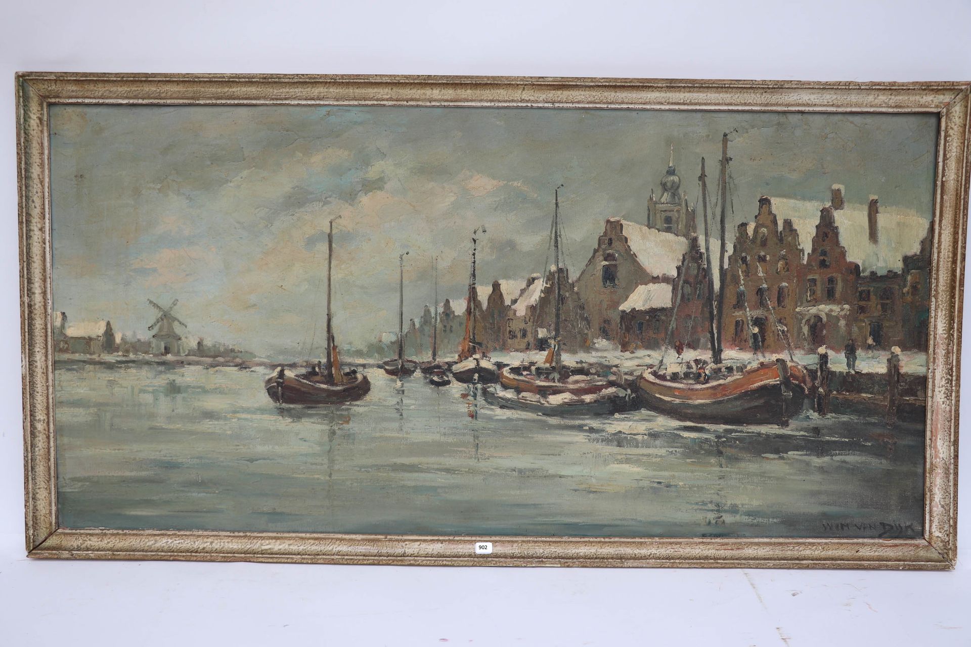 Null 维姆-范迪克（1915/1990）。"船在码头"。粘贴在画板上的油画，左下角有签名。47 x 96。