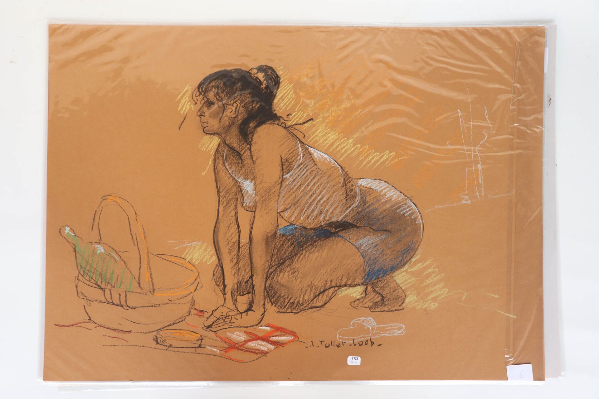 Null TOLLET-LOEB 杰奎琳（1931/2021）。"野餐"。炭笔和粉笔，右下角有签名。50 x 70。