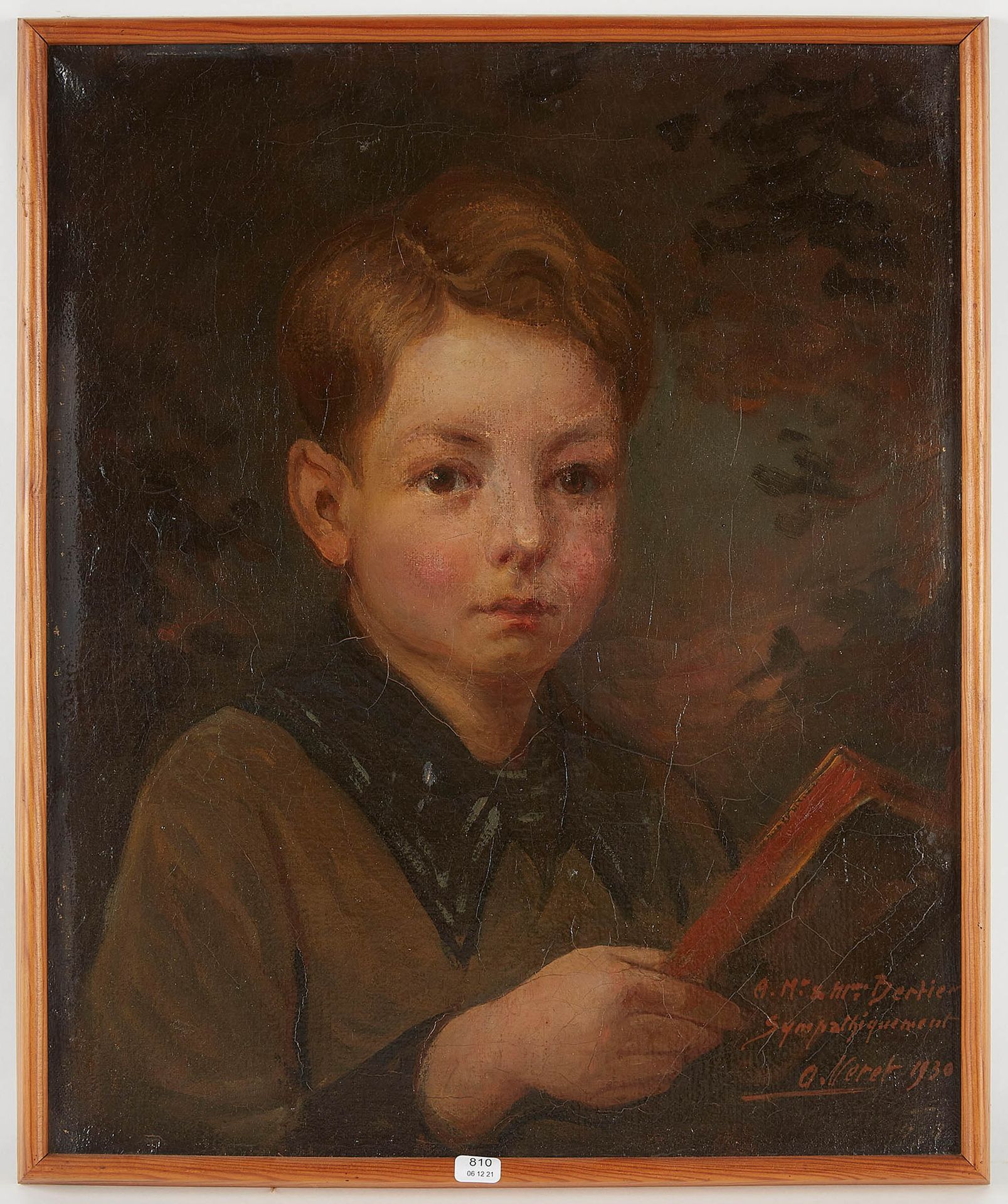 Null VERET O. "带书的小男孩"。油画，右下角有签名，署名和日期为1930年，46 x 38。