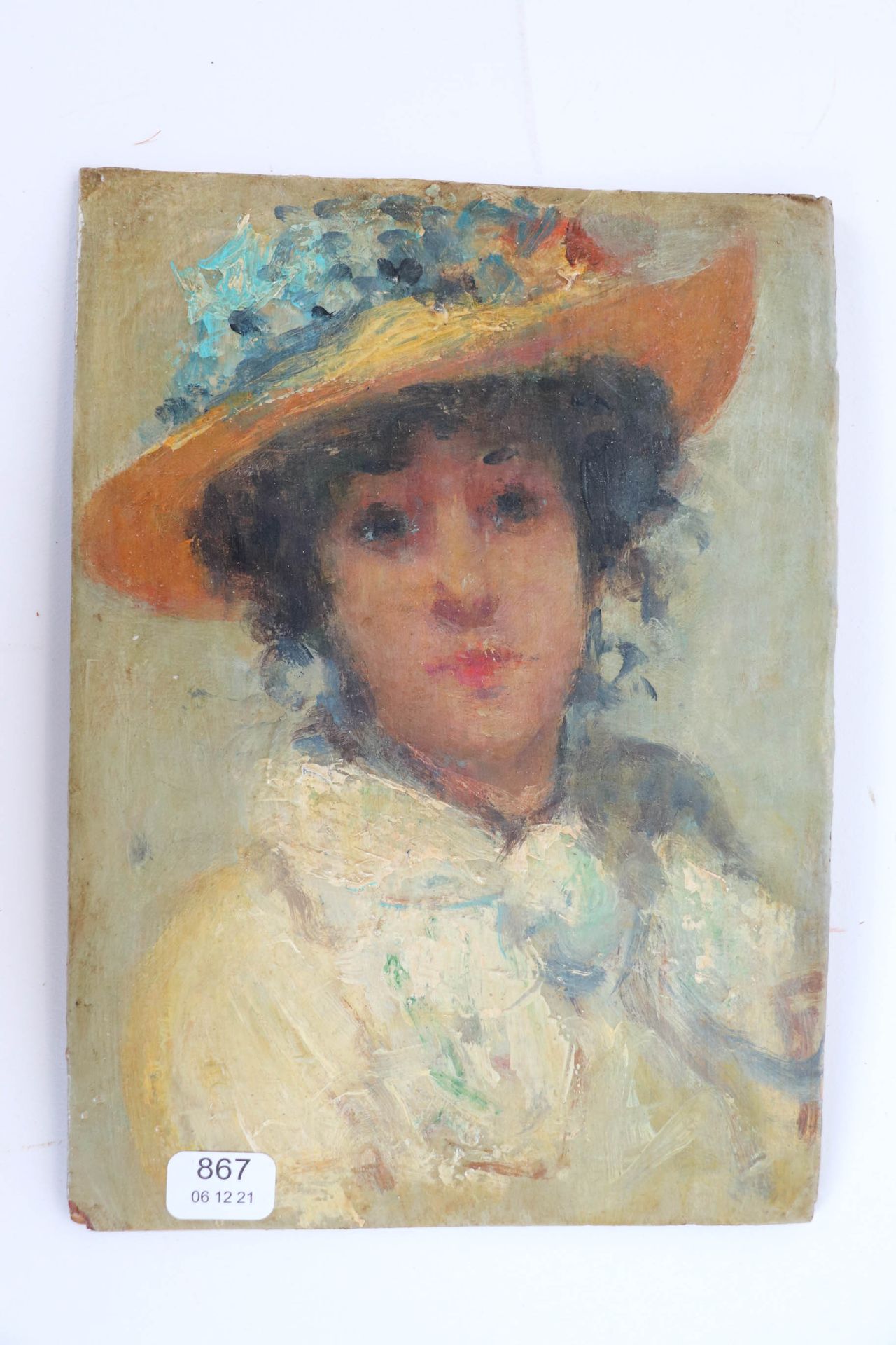 Null 19世纪的学校。"一个戴帽子的女人的肖像。板上油彩。17 x 13.
