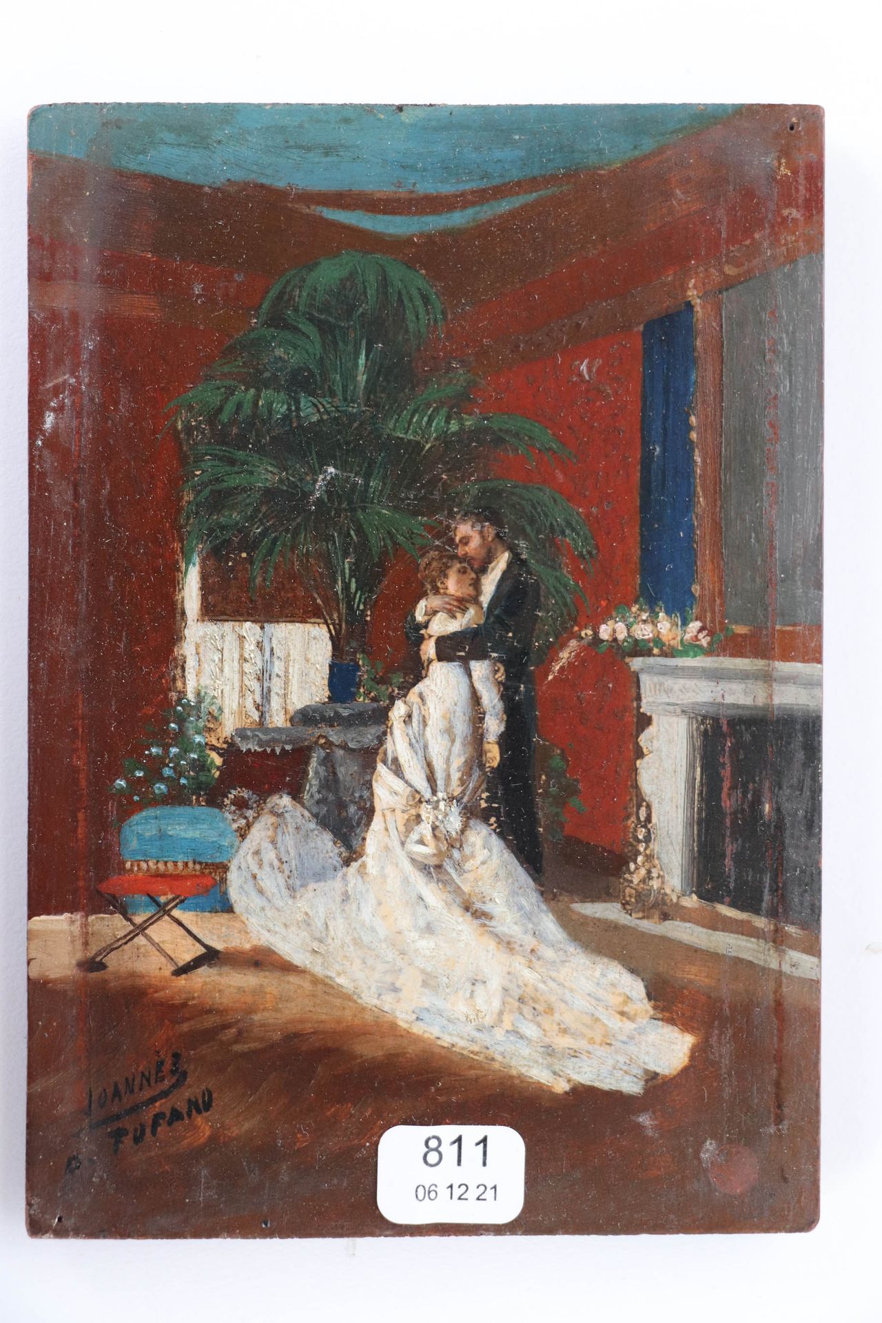 Null TOFANO Edouardo (1838-1920). "Jeunes mariés". Huile sur panneau. 14 x 9,7. &hellip;
