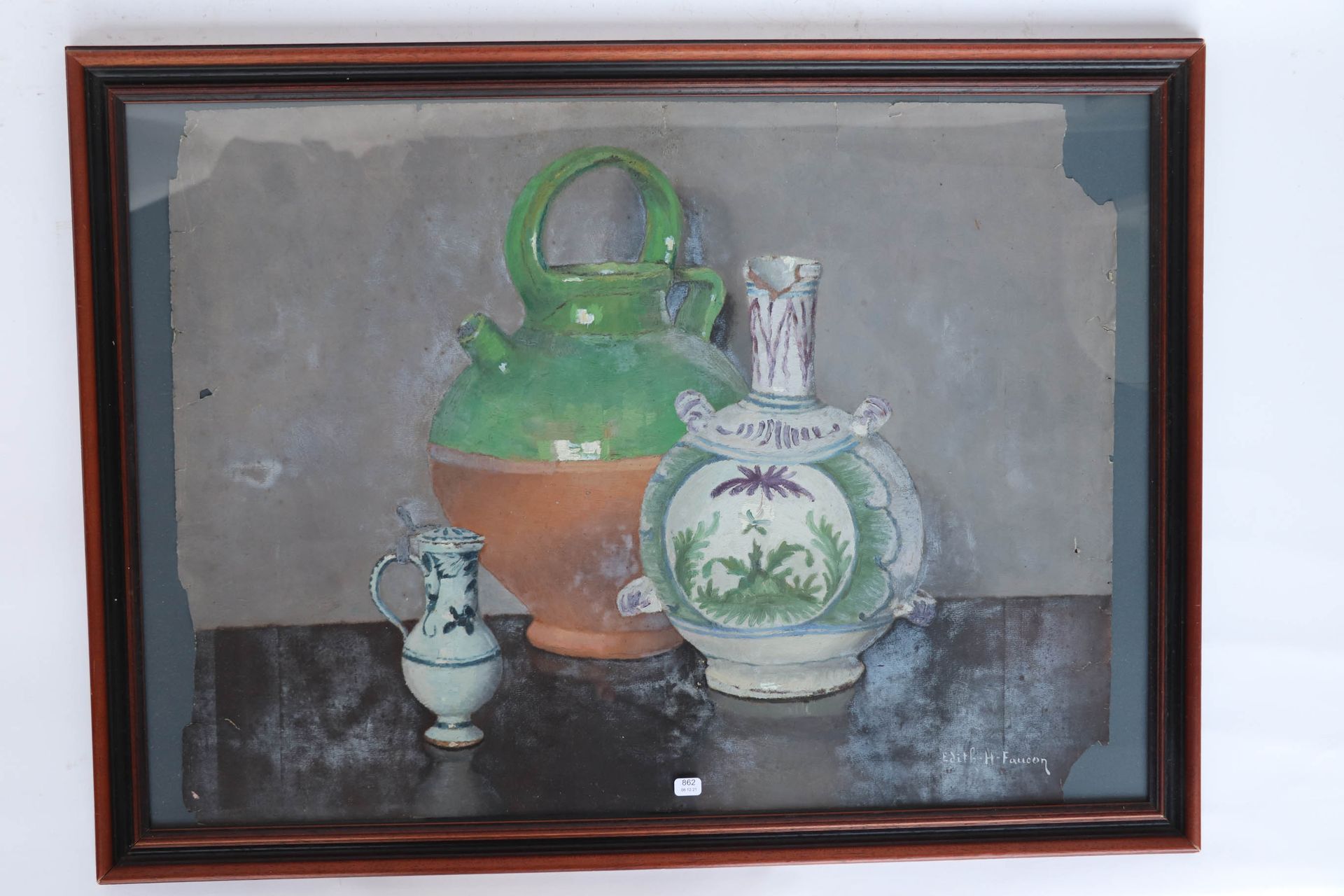 Null FAUCON Edith (born in 1919). "Still life with earthenware jug and green cer&hellip;