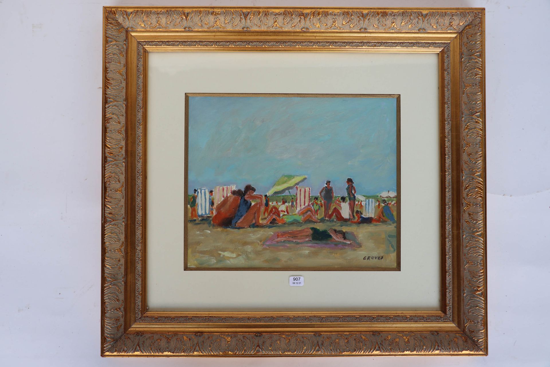 Null GRAVES François (XXth). "The beach". Gouache signed in the lower right corn&hellip;