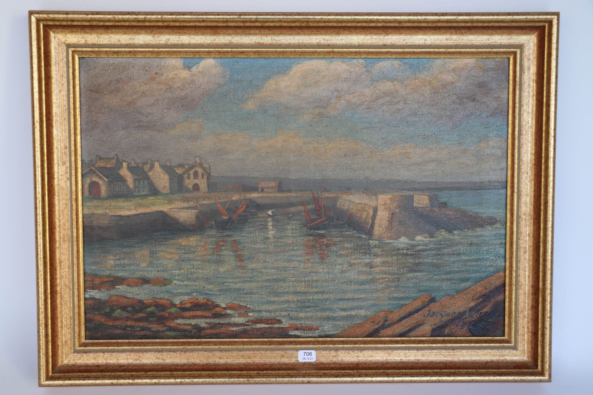 Null 雅克-泰瑞尔（20岁）。"Le Becquet"。布面油画，右下方有签名，日期为194？30,5 x 45.