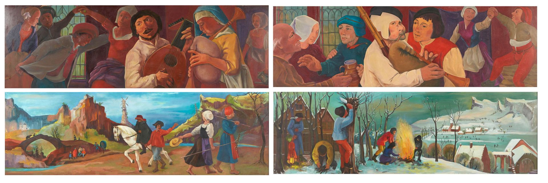 Null BEAUCHARD让（第二十次）《四季》。油画，有签名和日期的1972年。 48x150，荷兰方式的门或画廊顶部。有木质框架。150 x 48厘米。