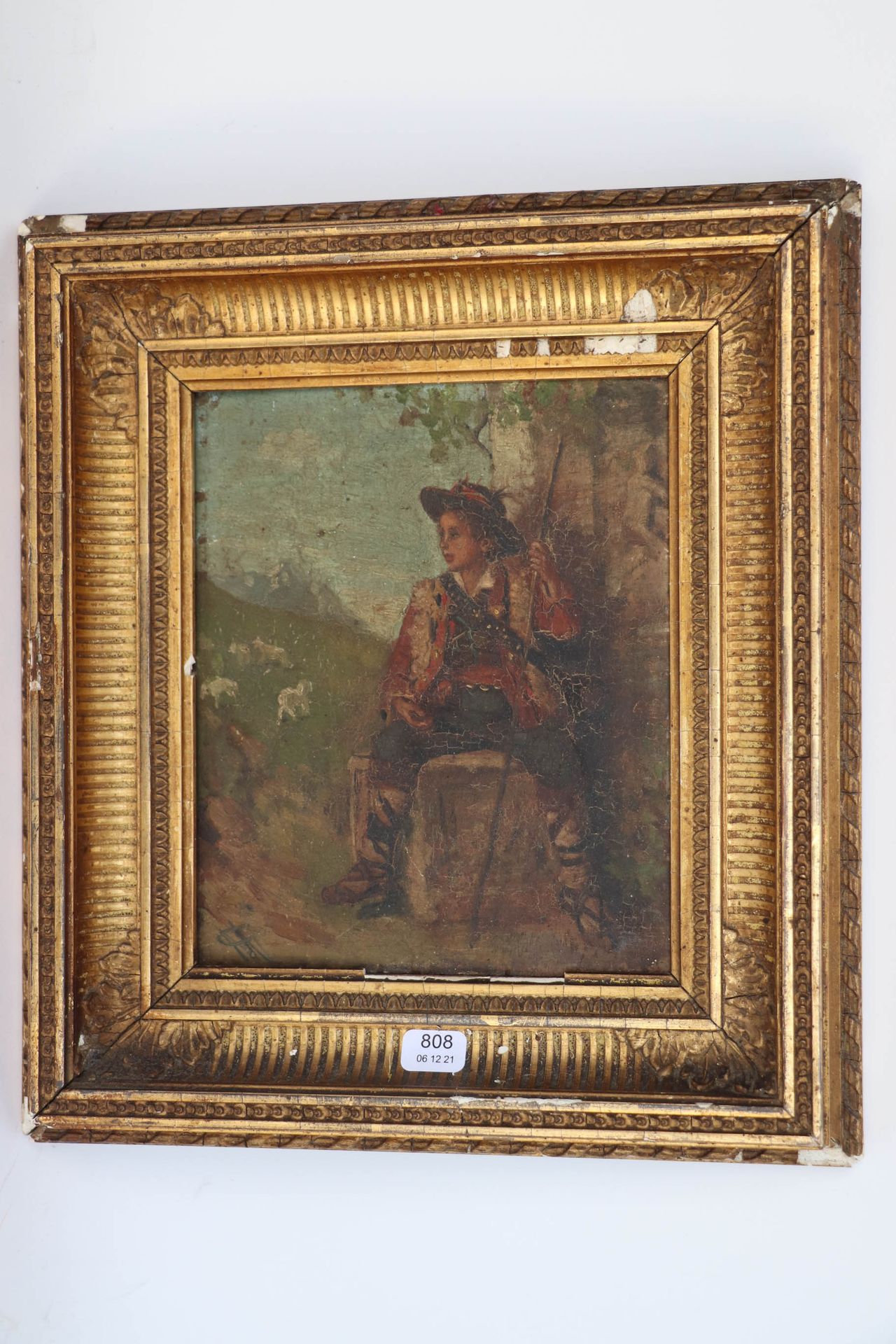 Null 19世纪的学校。"年轻的牧羊人坐着"。板面油画，左下方有图案。