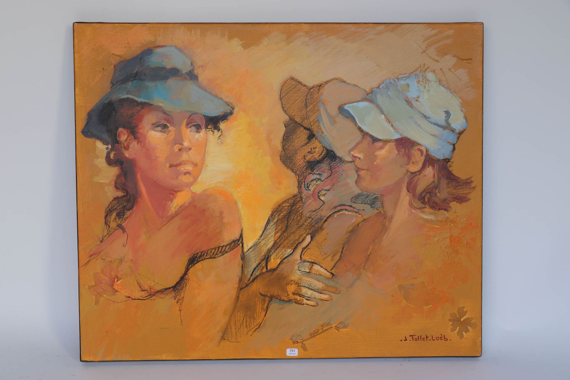 Null TOLLET-LOEB Jacqueline (1931/2021). "I tre cappelli". Olio su tela firmato &hellip;