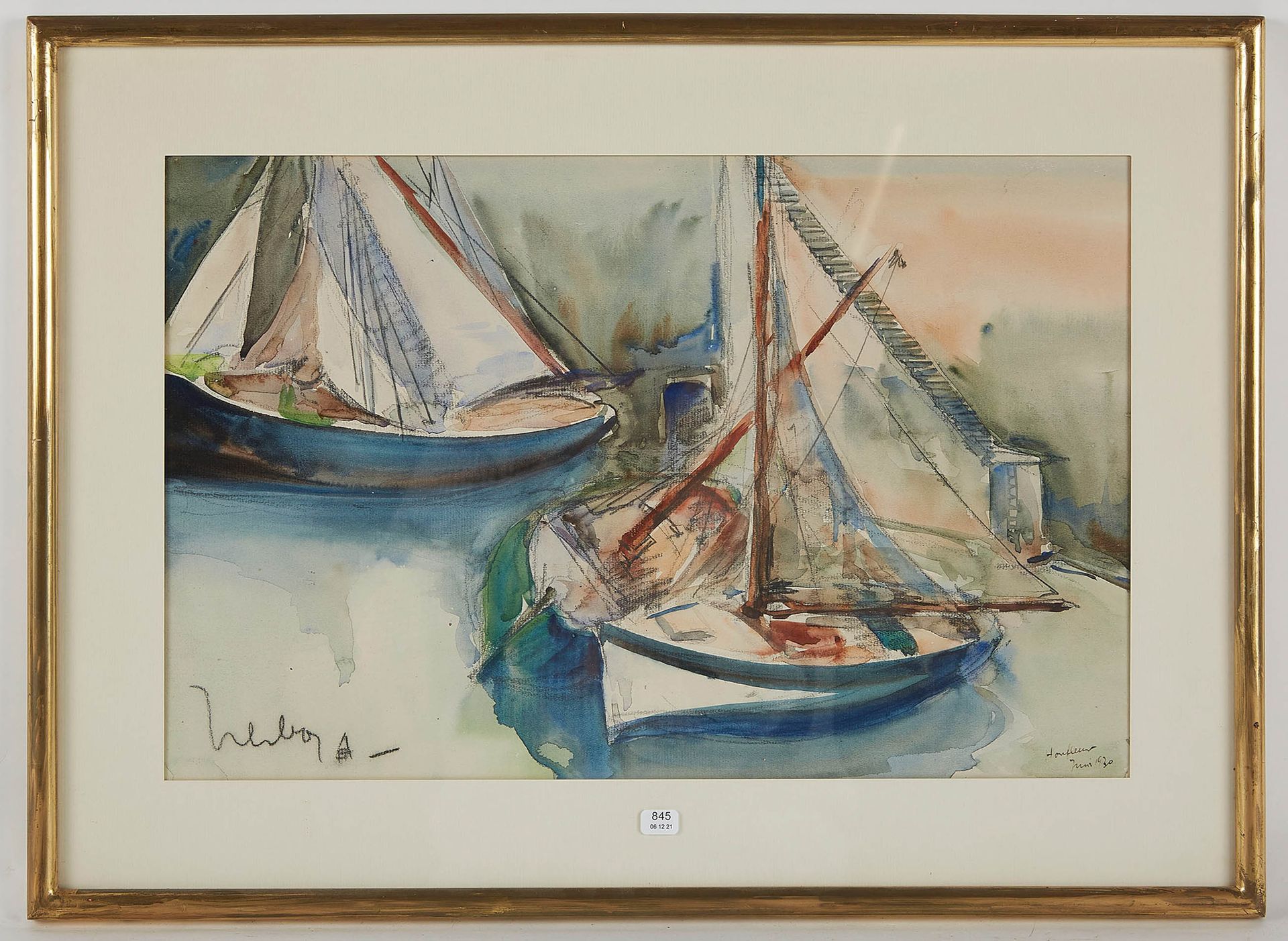 Null 赫尔波-费尔南（1905/1995）。"帆船"。水彩和木炭画，左下方有签名，右下方有1930年6月Honfleur的位置和日期。30 x 46,5.